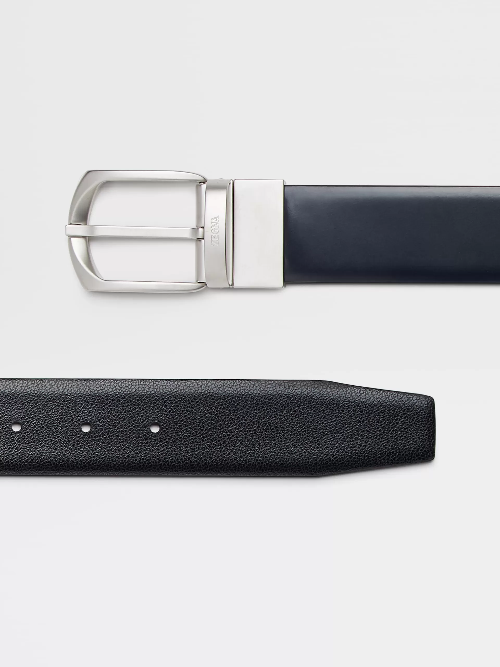 Outlet ZEGNA Ceinture Reversible En Cuir Lisse Bleu Brillant Et Cuir Grave Madras Noir Bleu/Noir