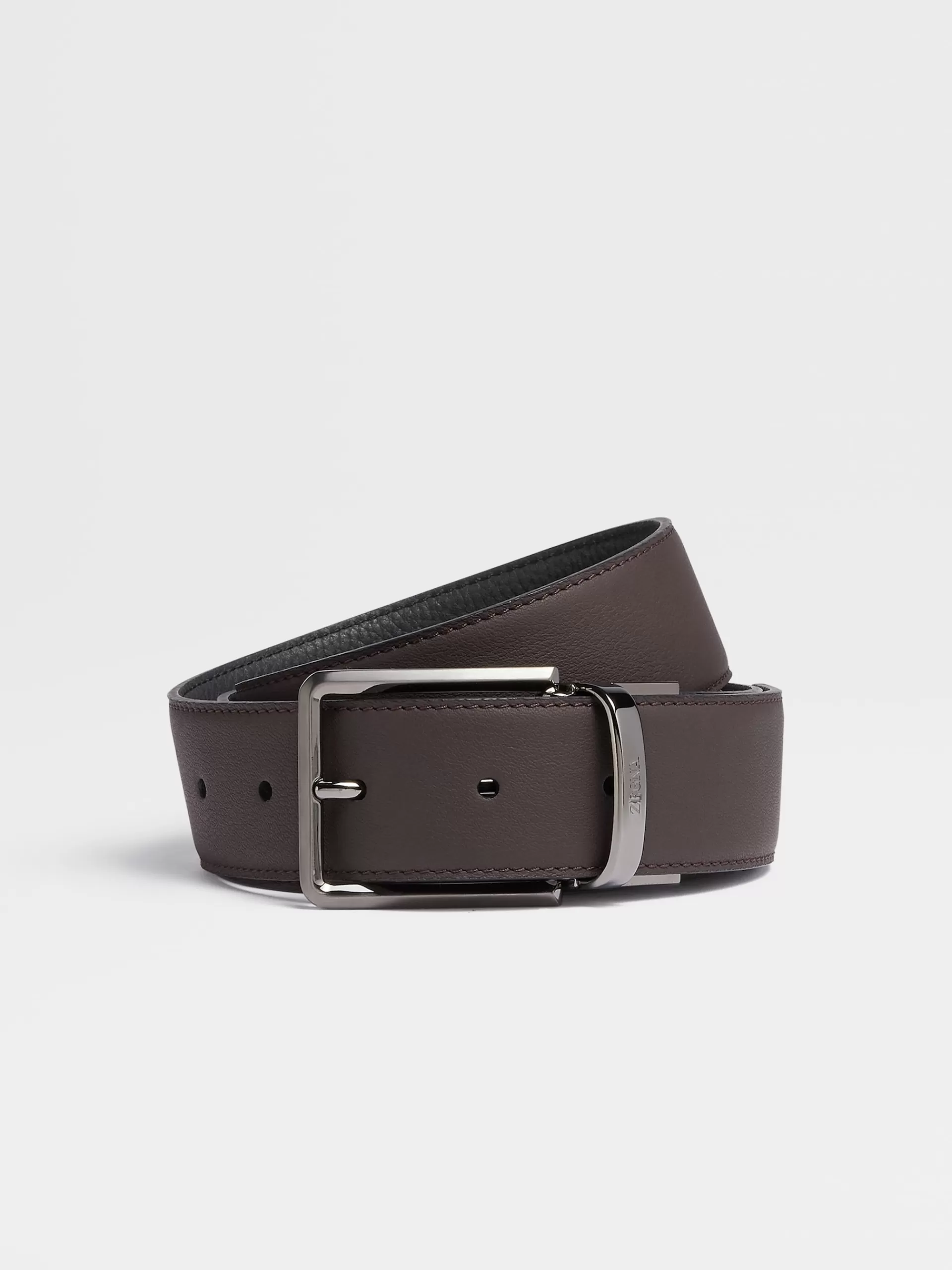 Sale ZEGNA Ceinture Reversible En Cuir Lisse Marron Fonce Et Cuir Graine Noir Marron Fonce/Noir