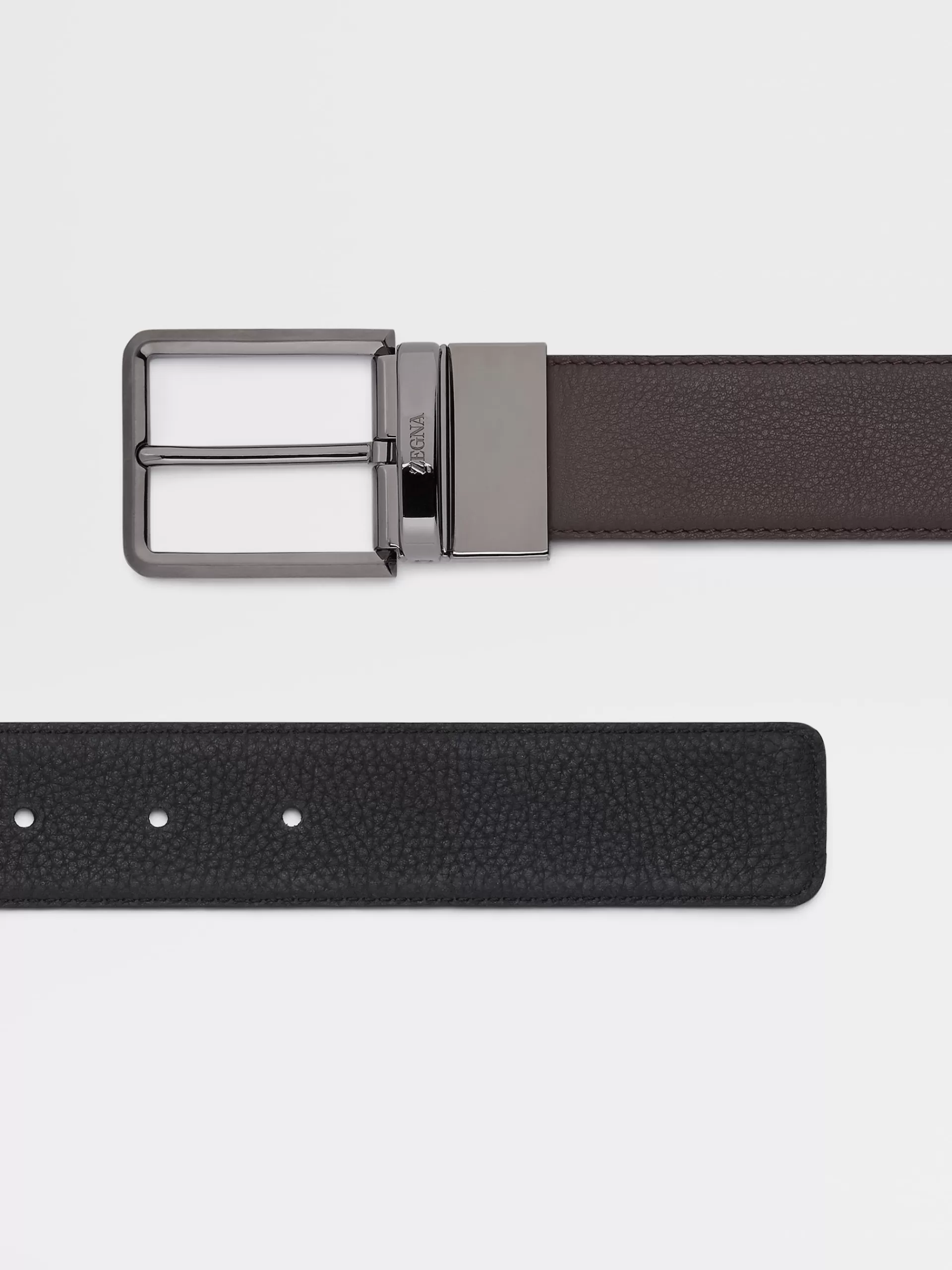 Sale ZEGNA Ceinture Reversible En Cuir Lisse Marron Fonce Et Cuir Graine Noir Marron Fonce/Noir
