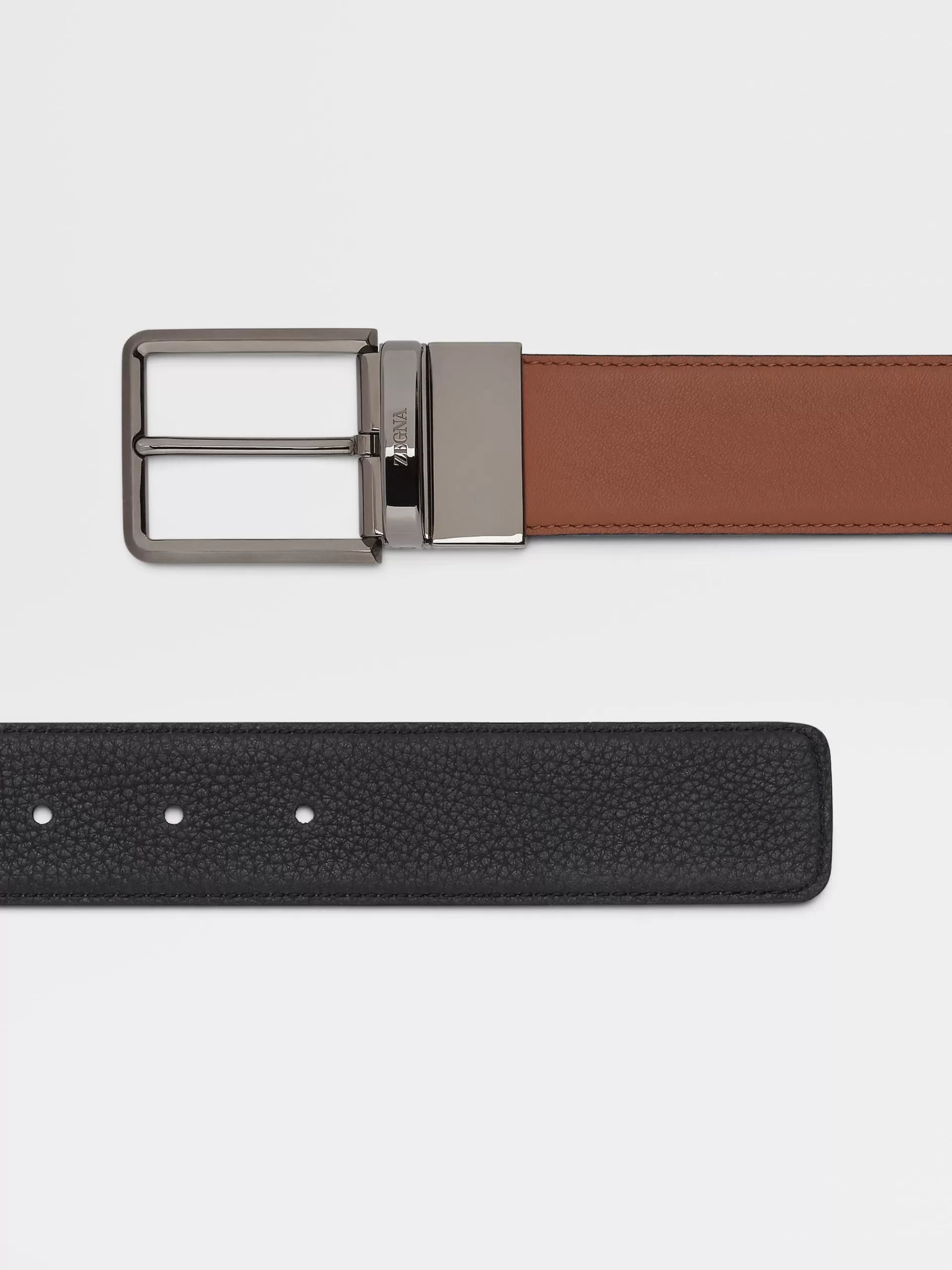 Shop ZEGNA Ceinture Reversible En Cuir Lisse Marron Vigogne Et Cuir Graine Noir Marron Vigogne/Noir