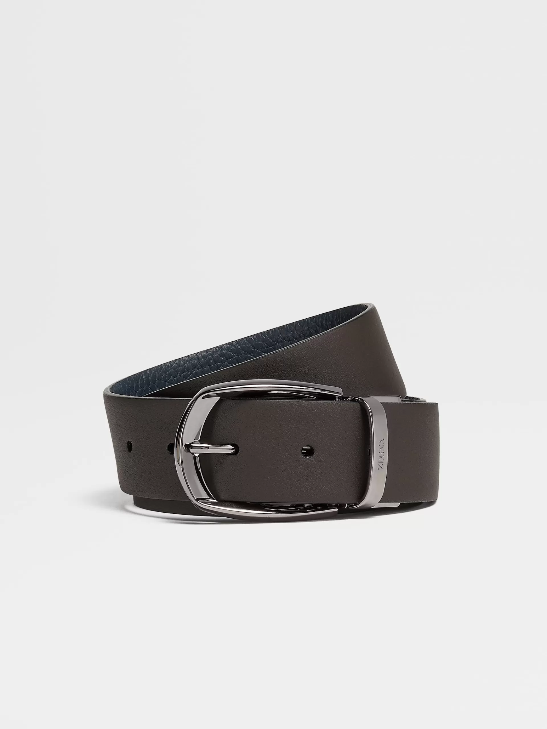 Shop ZEGNA Ceinture Reversible En Cuir Marron Fonce Et Cuir De Cerf Graine Bleu Marron Fonce/Bleu