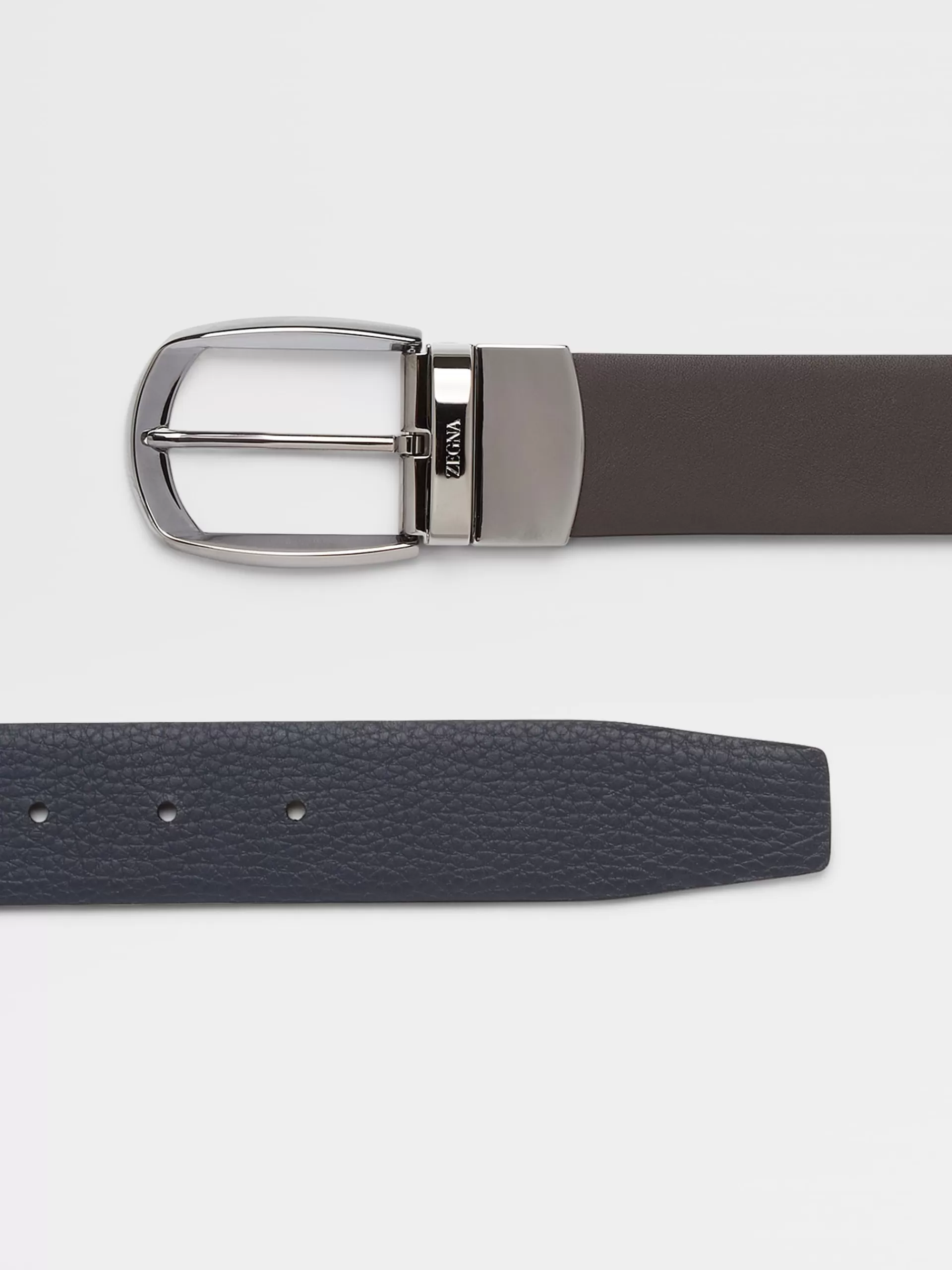 Shop ZEGNA Ceinture Reversible En Cuir Marron Fonce Et Cuir De Cerf Graine Bleu Marron Fonce/Bleu