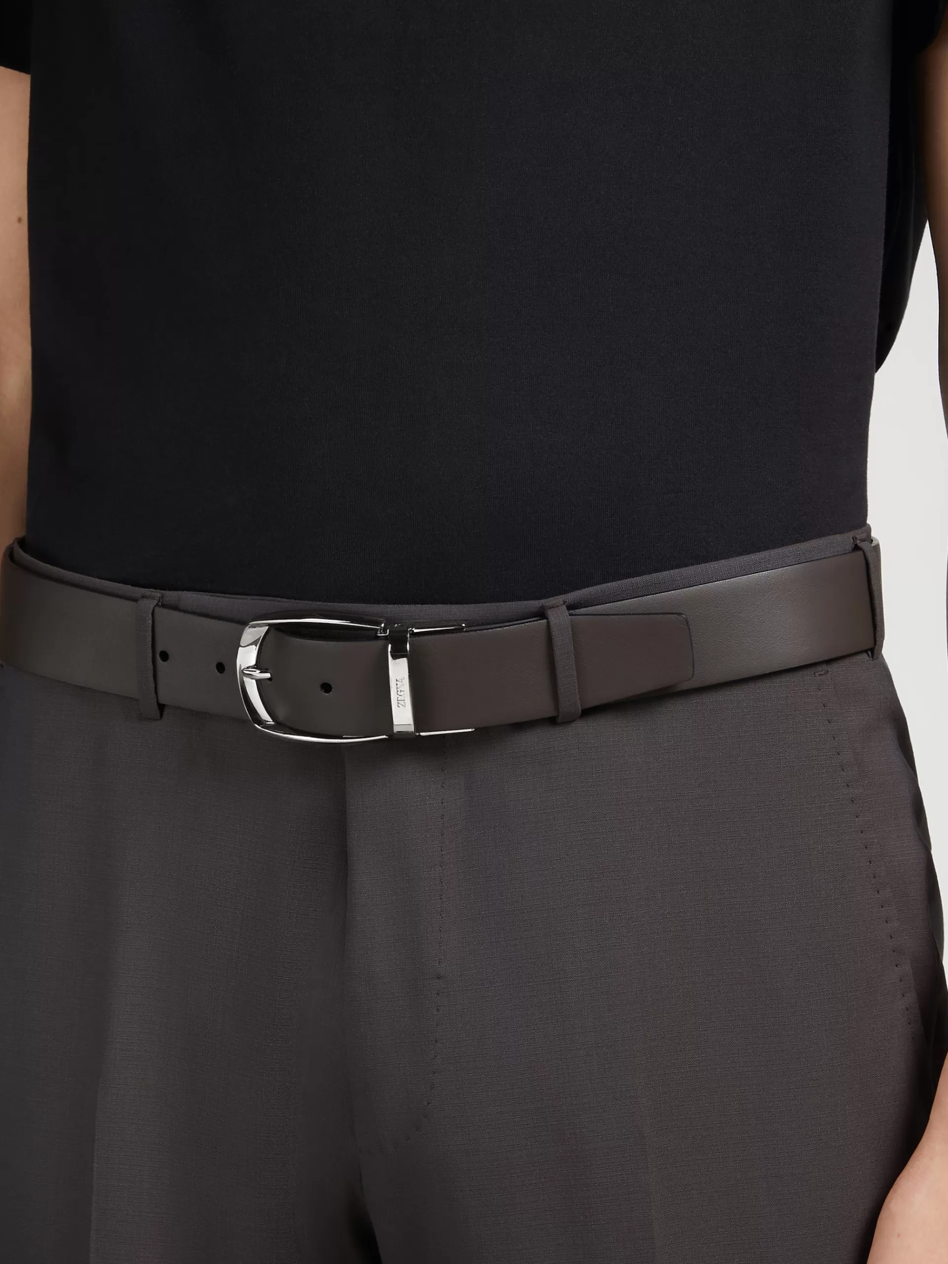 Shop ZEGNA Ceinture Reversible En Cuir Marron Fonce Et Cuir De Cerf Graine Bleu Marron Fonce/Bleu