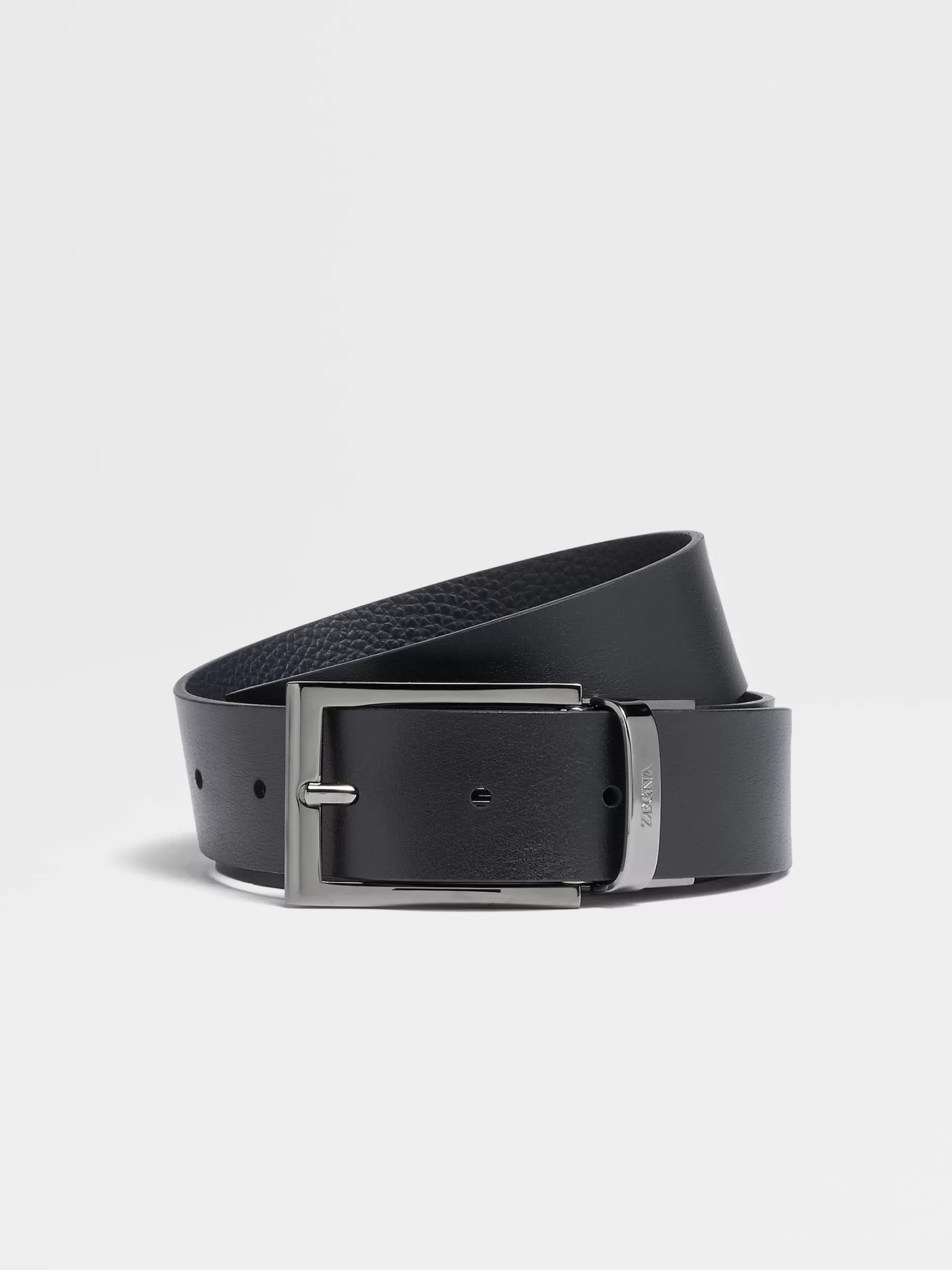 Shop ZEGNA Ceinture Reversible En Cuir Noir Et Cuir Graine Bleu Trafalgar Noir/Bleu Trafalgar