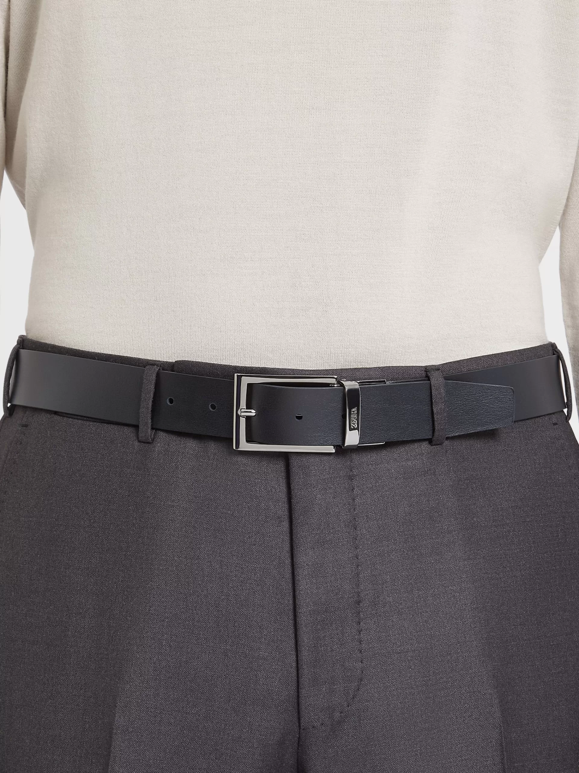 Shop ZEGNA Ceinture Reversible En Cuir Noir Et Cuir Graine Bleu Trafalgar Noir/Bleu Trafalgar