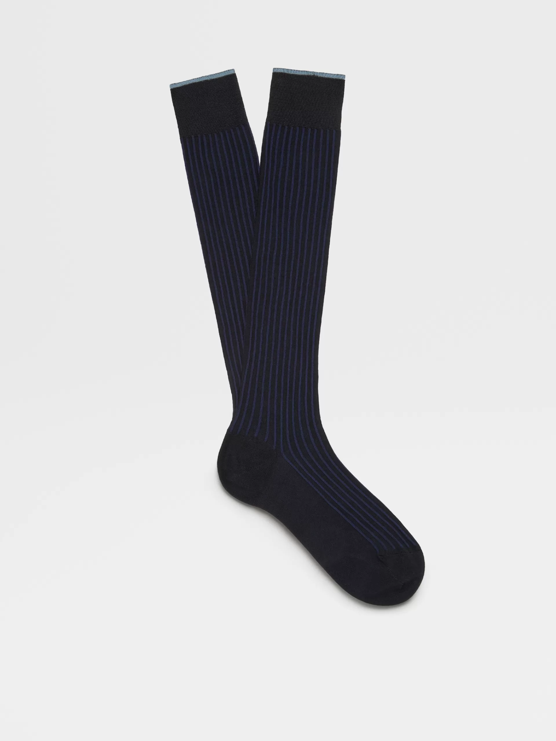 Discount ZEGNA Chaussettes Mi-Hautes Cotelees En Coton Melange Bleu Nuit