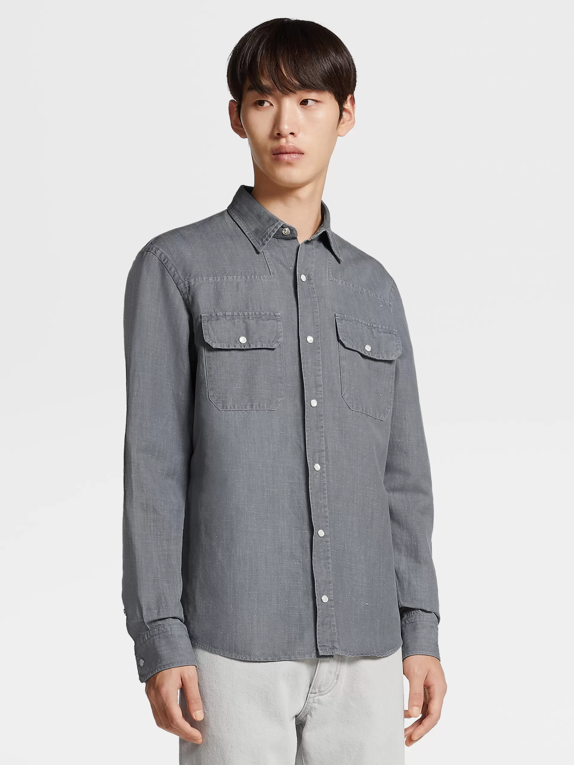 Hot ZEGNA Chemise A Manches Longues En Denim De Coton Et Lin Blanchi Noir