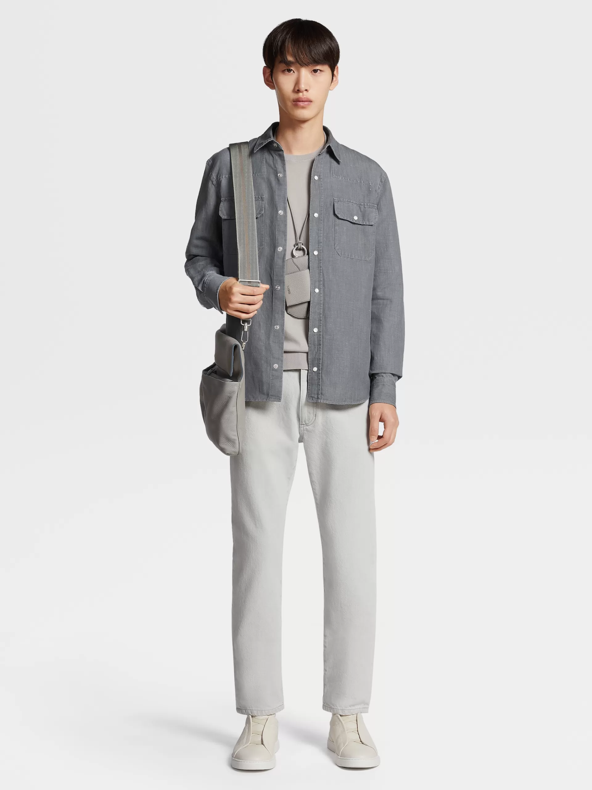 Hot ZEGNA Chemise A Manches Longues En Denim De Coton Et Lin Blanchi Noir