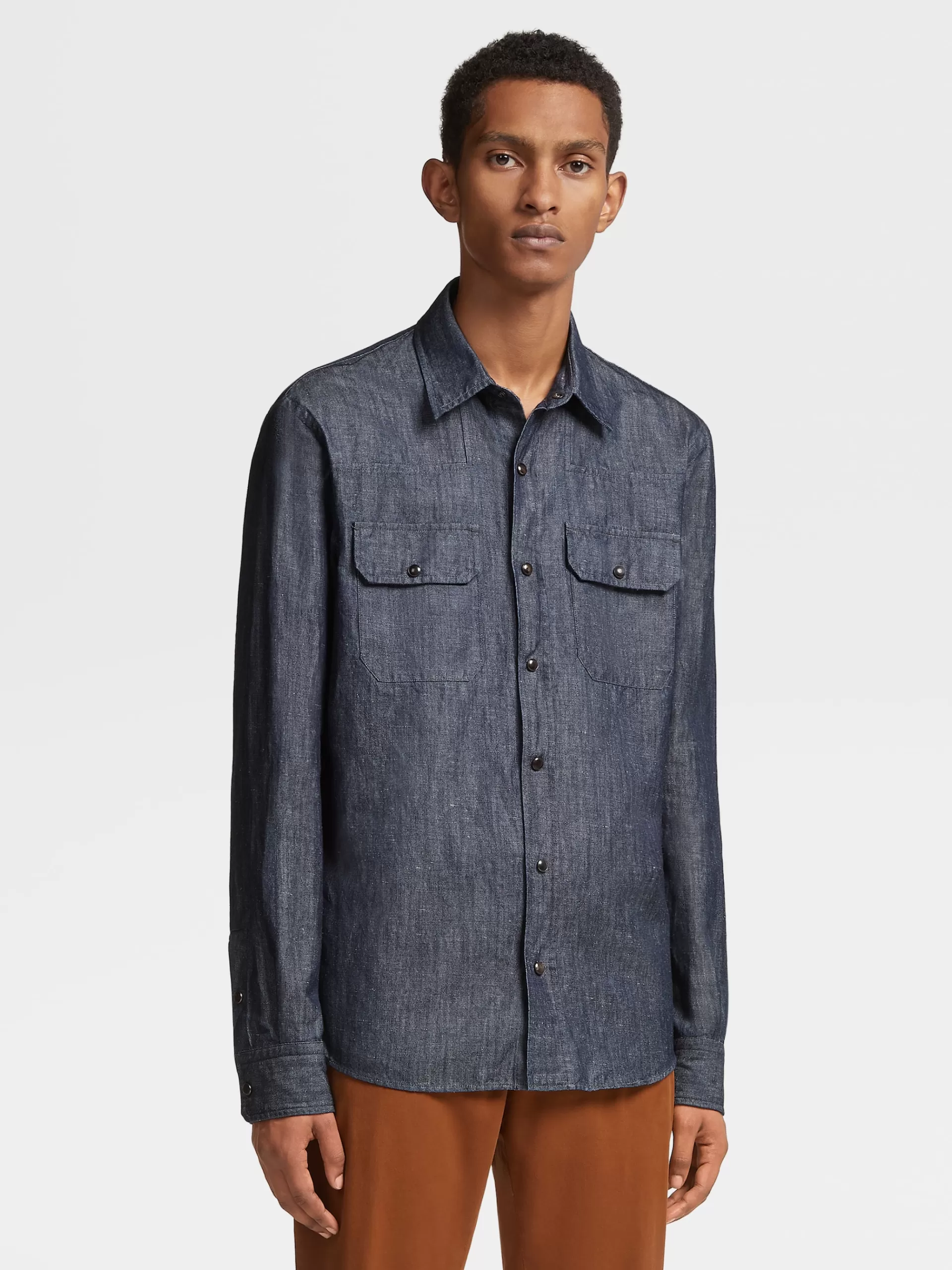 Sale ZEGNA Chemise A Manches Longues En Denim De Coton Et Lindelave Bleu Encre