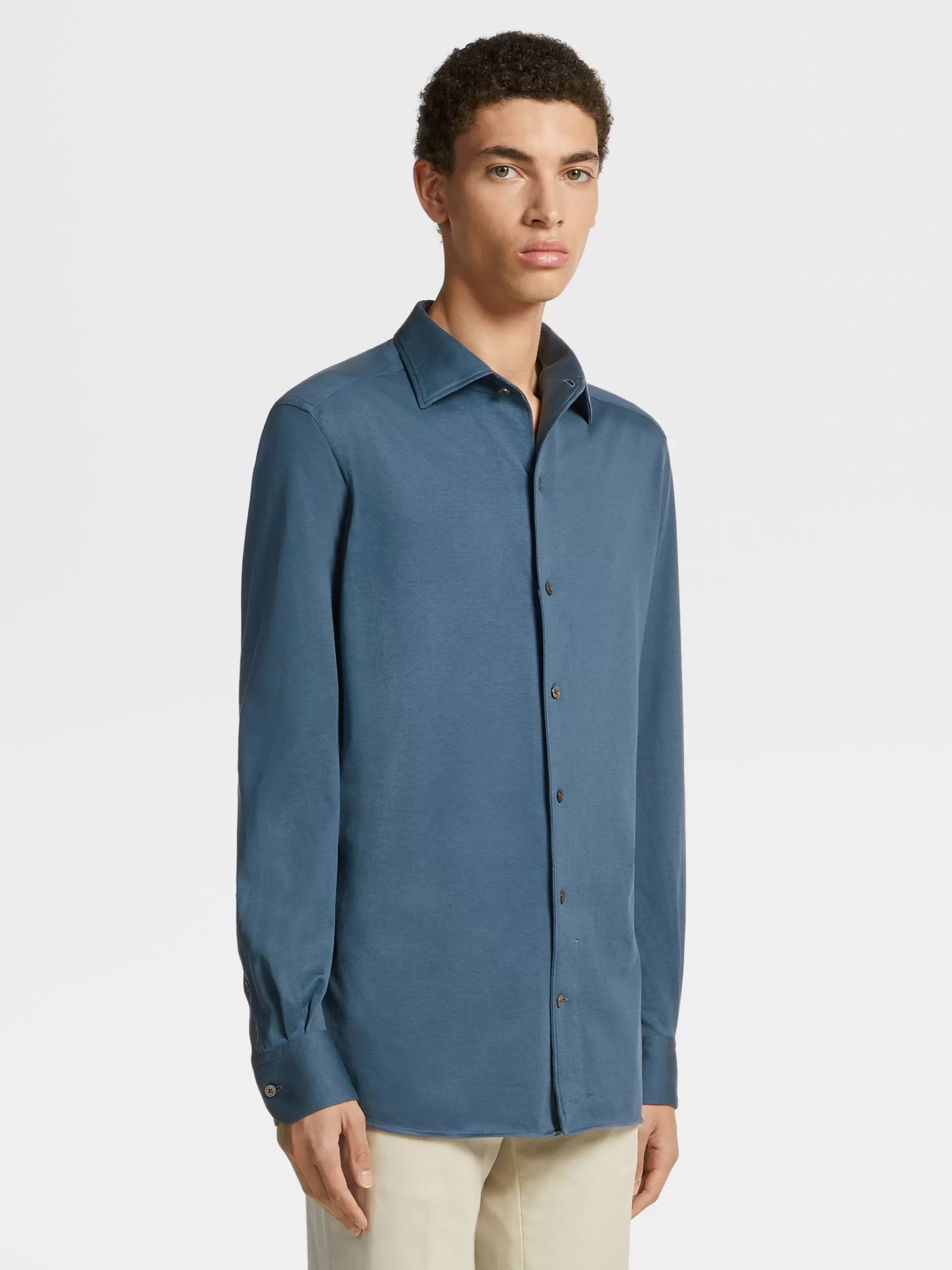 Cheap ZEGNA Chemise A Manches Longues En Jersey De Coton Et Soie Bleu Sarcelle