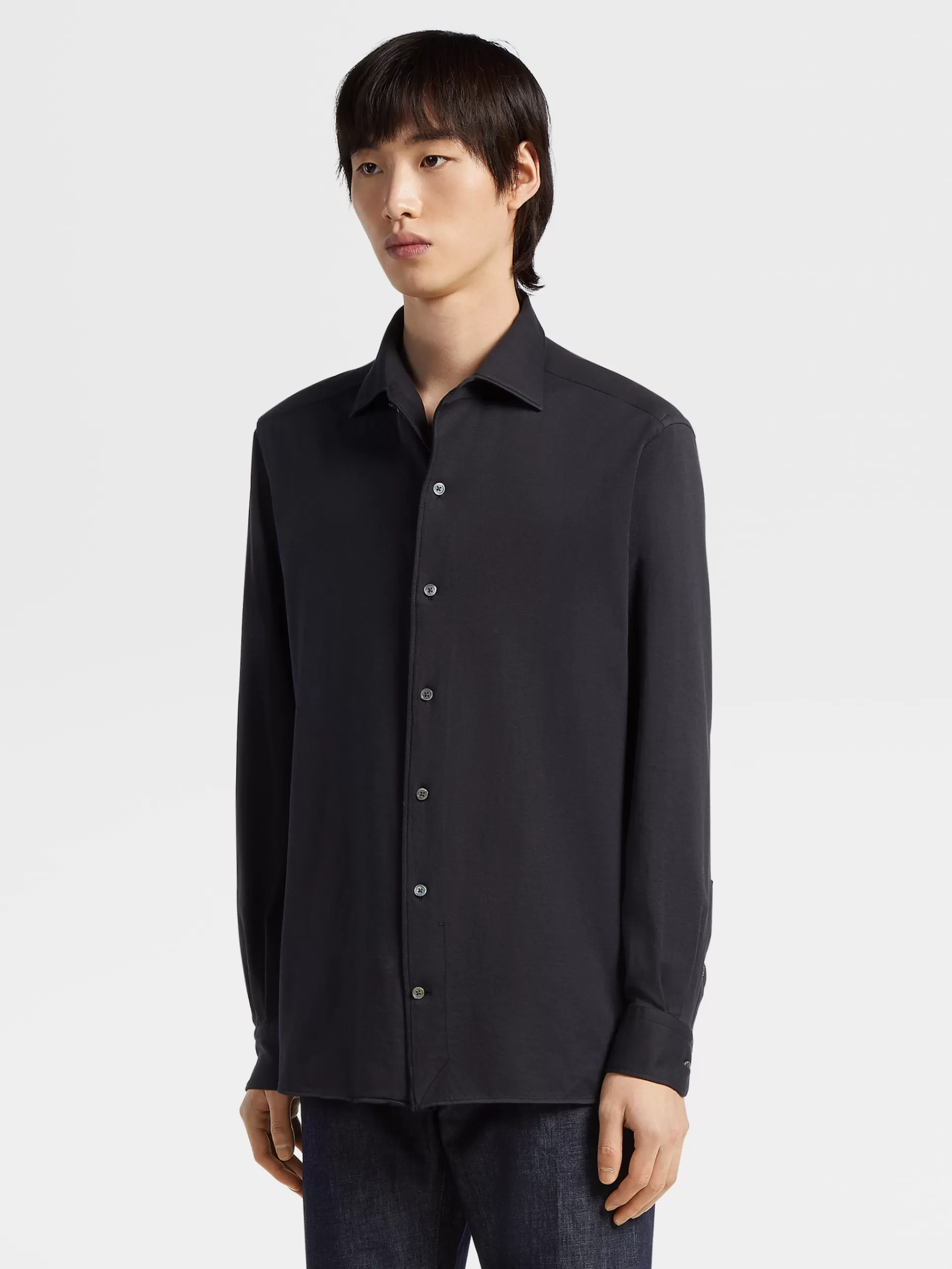 Best Sale ZEGNA Chemise A Manches Longues En Jersey De Coton Et Soie Bleu Marine