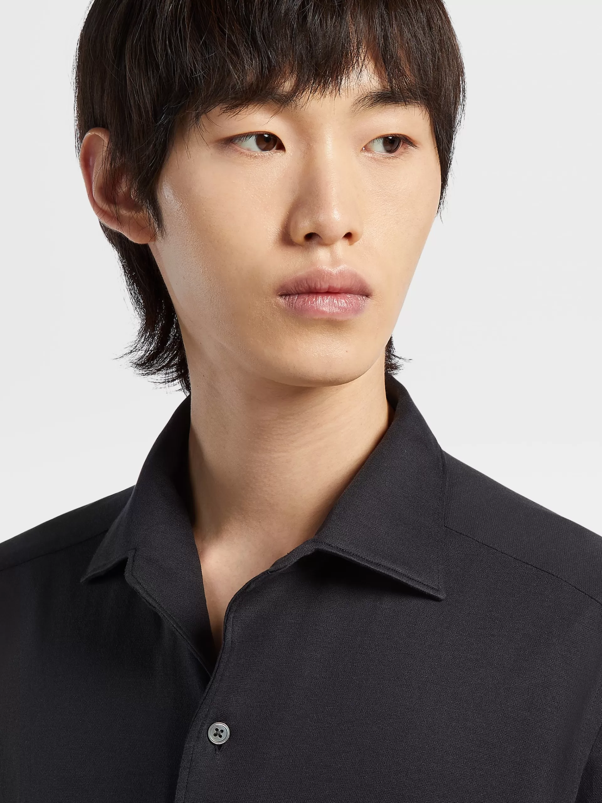 Best Sale ZEGNA Chemise A Manches Longues En Jersey De Coton Et Soie Bleu Marine