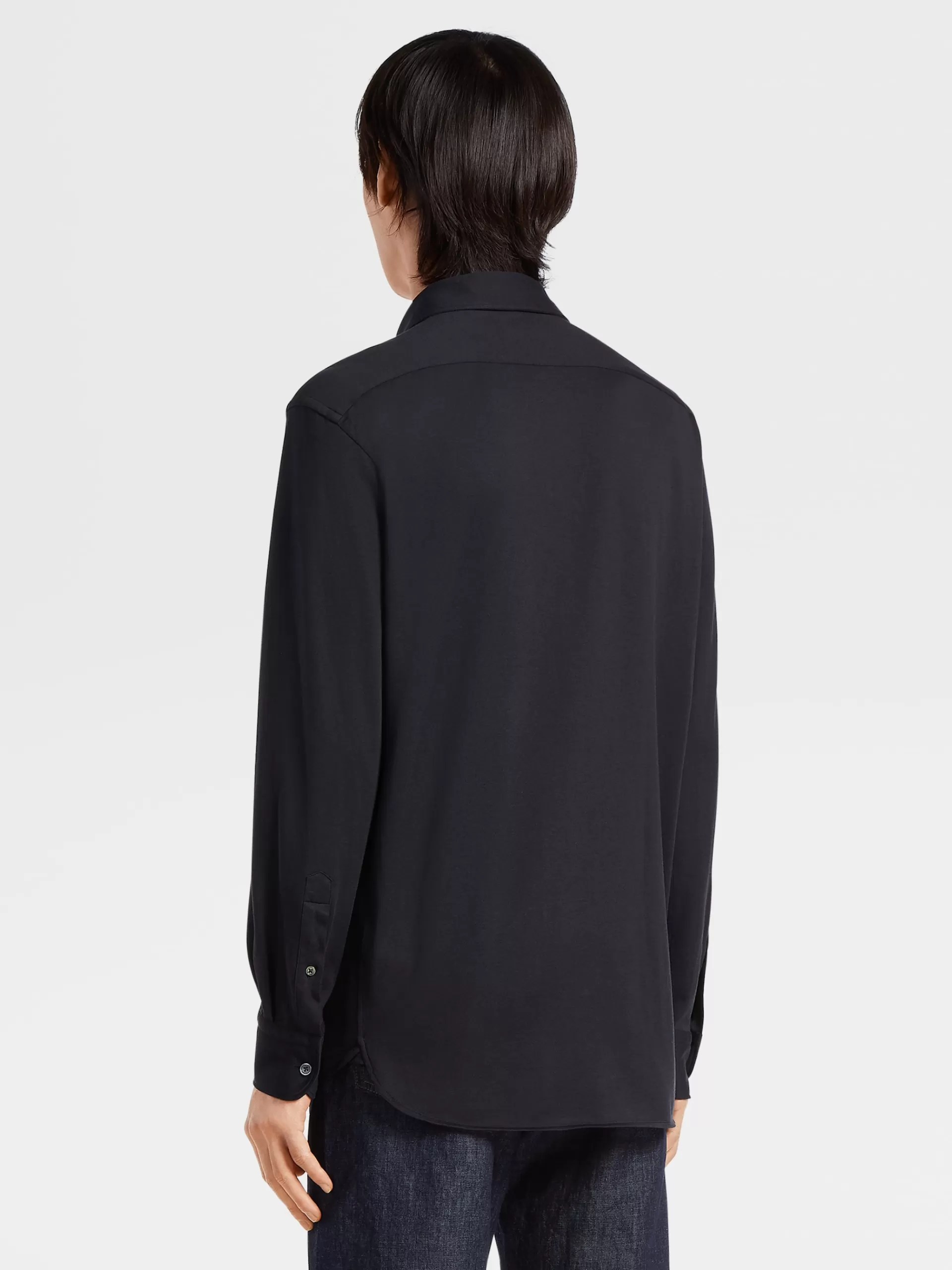 Best Sale ZEGNA Chemise A Manches Longues En Jersey De Coton Et Soie Bleu Marine