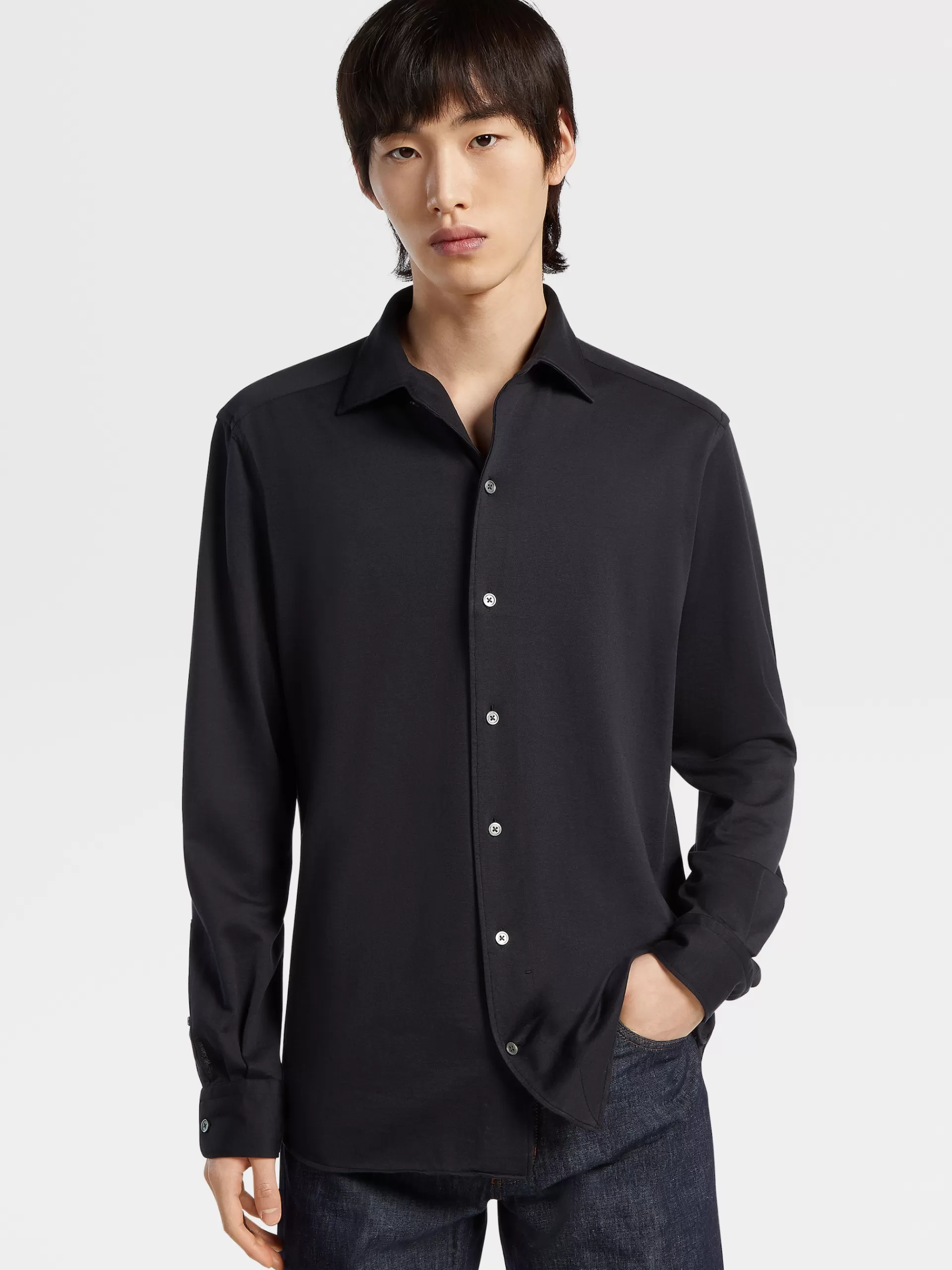 Best Sale ZEGNA Chemise A Manches Longues En Jersey De Coton Et Soie Bleu Marine
