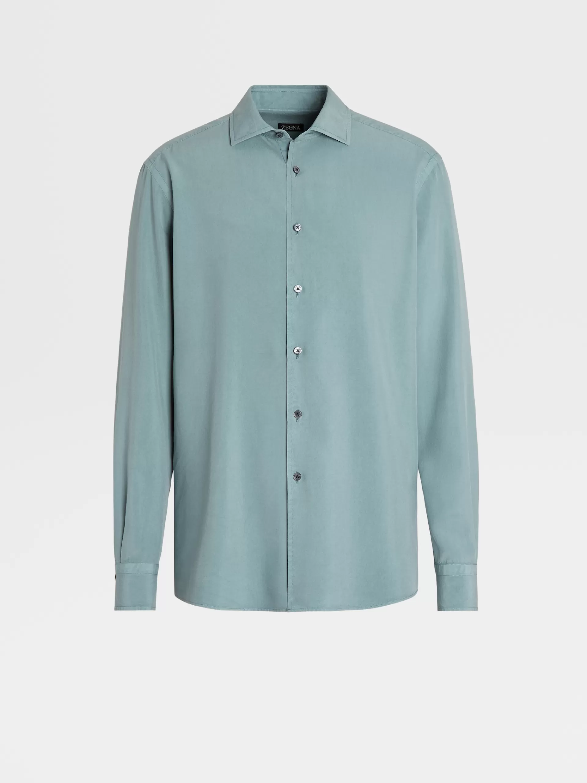 Outlet ZEGNA Chemise A Manches Longues En Soie Pure Teinte En Piece Vert D'Eau