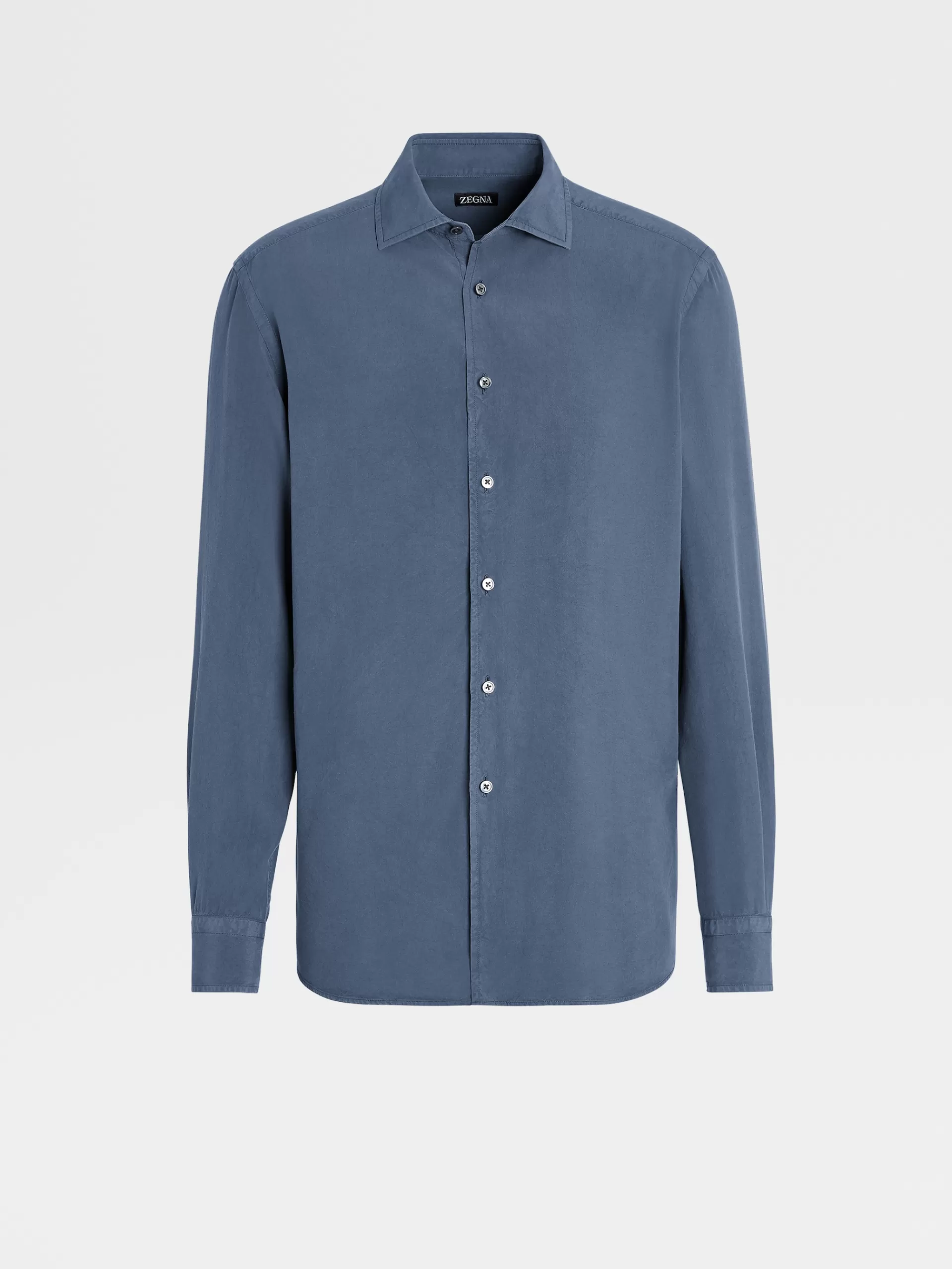 Cheap ZEGNA Chemise A Manches Longues En Soie Pure Teinte En Piece Bleu Sarcelle