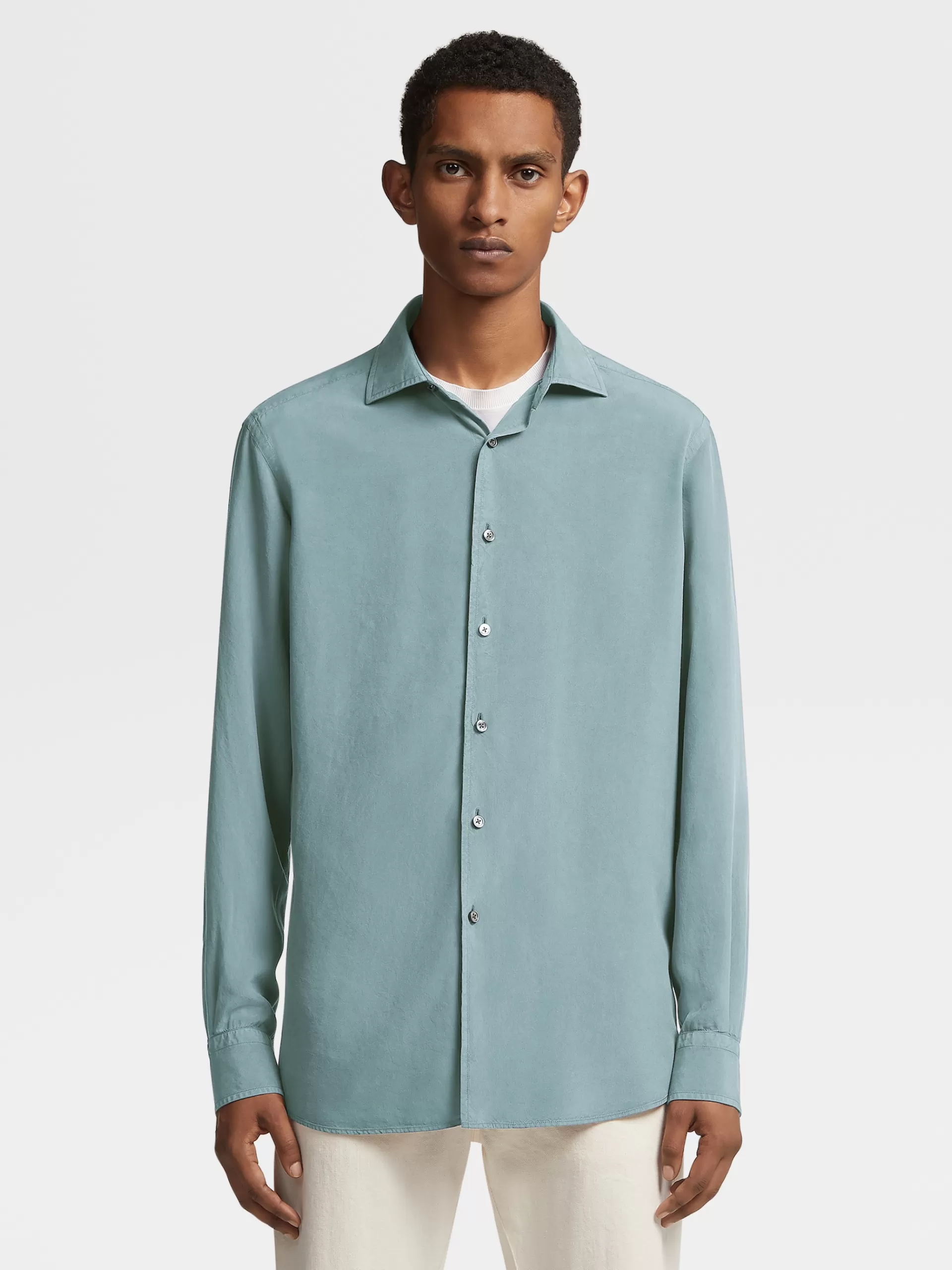 Outlet ZEGNA Chemise A Manches Longues En Soie Pure Teinte En Piece Vert D'Eau
