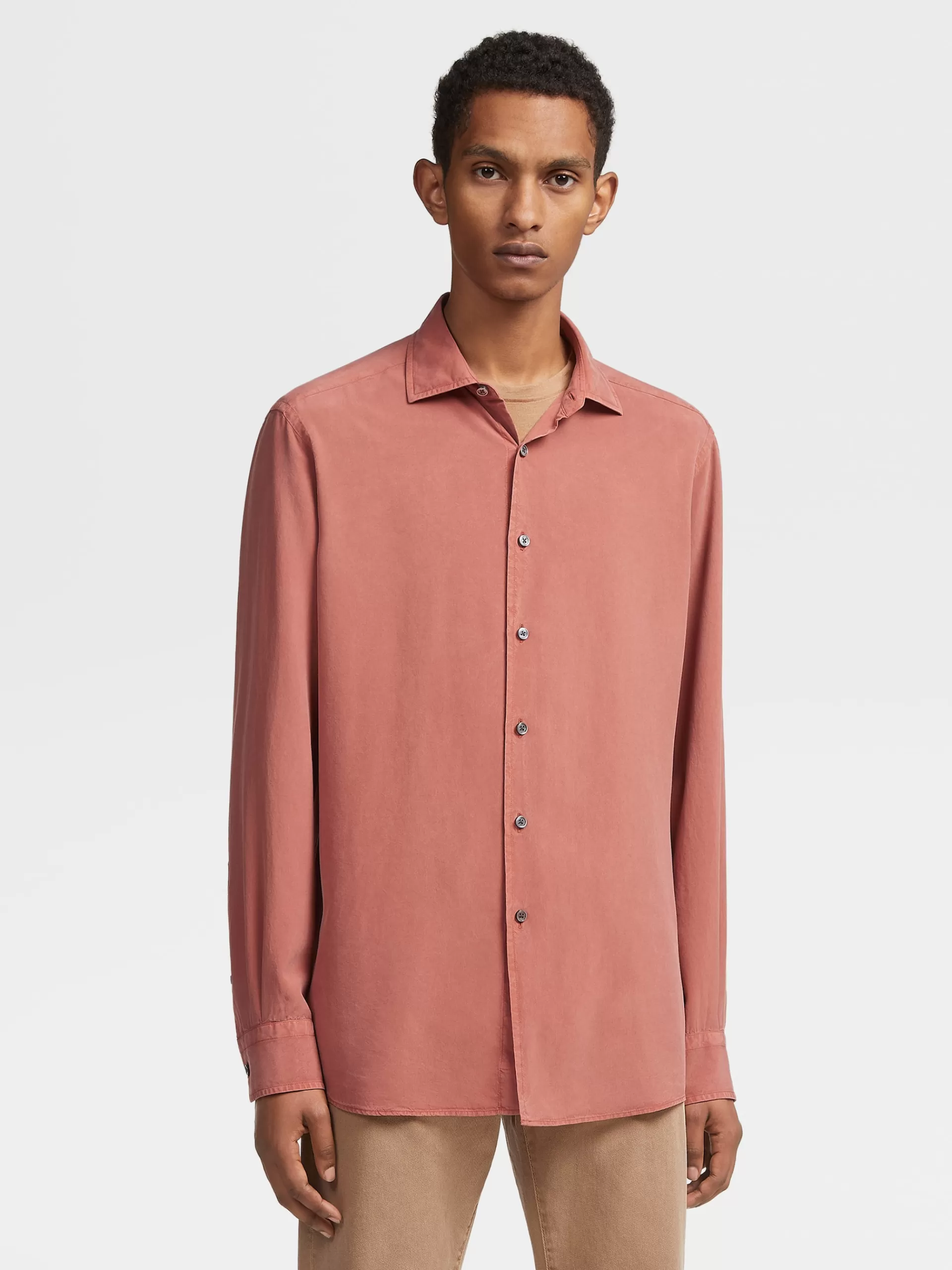 Shop ZEGNA Chemise A Manches Longues En Soie Pure Teinte En Piece Bordeaux Clair