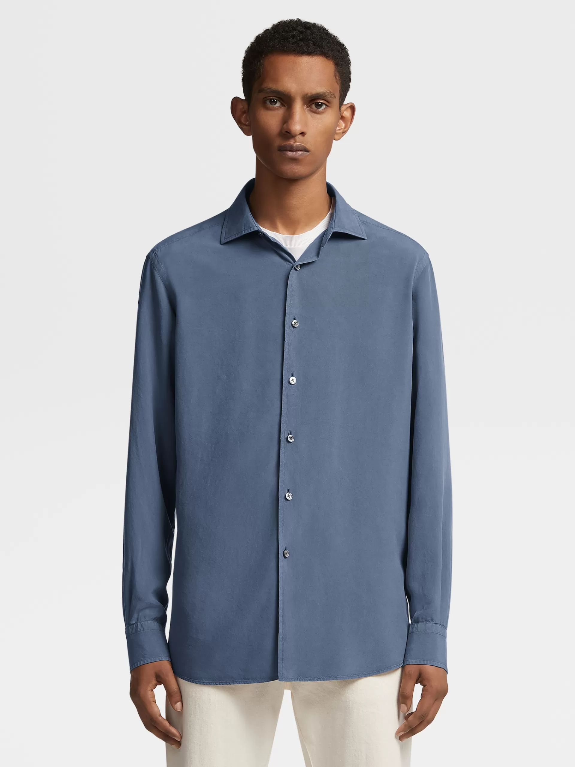 Cheap ZEGNA Chemise A Manches Longues En Soie Pure Teinte En Piece Bleu Sarcelle