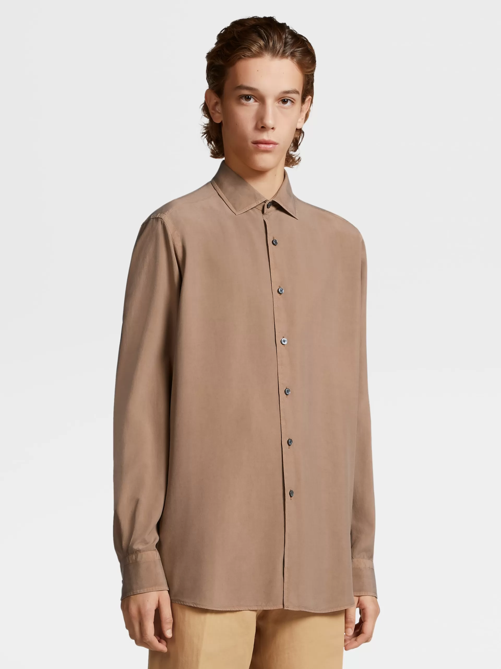 Cheap ZEGNA Chemise A Manches Longues En Soie Pure Teinte En Piece Camel