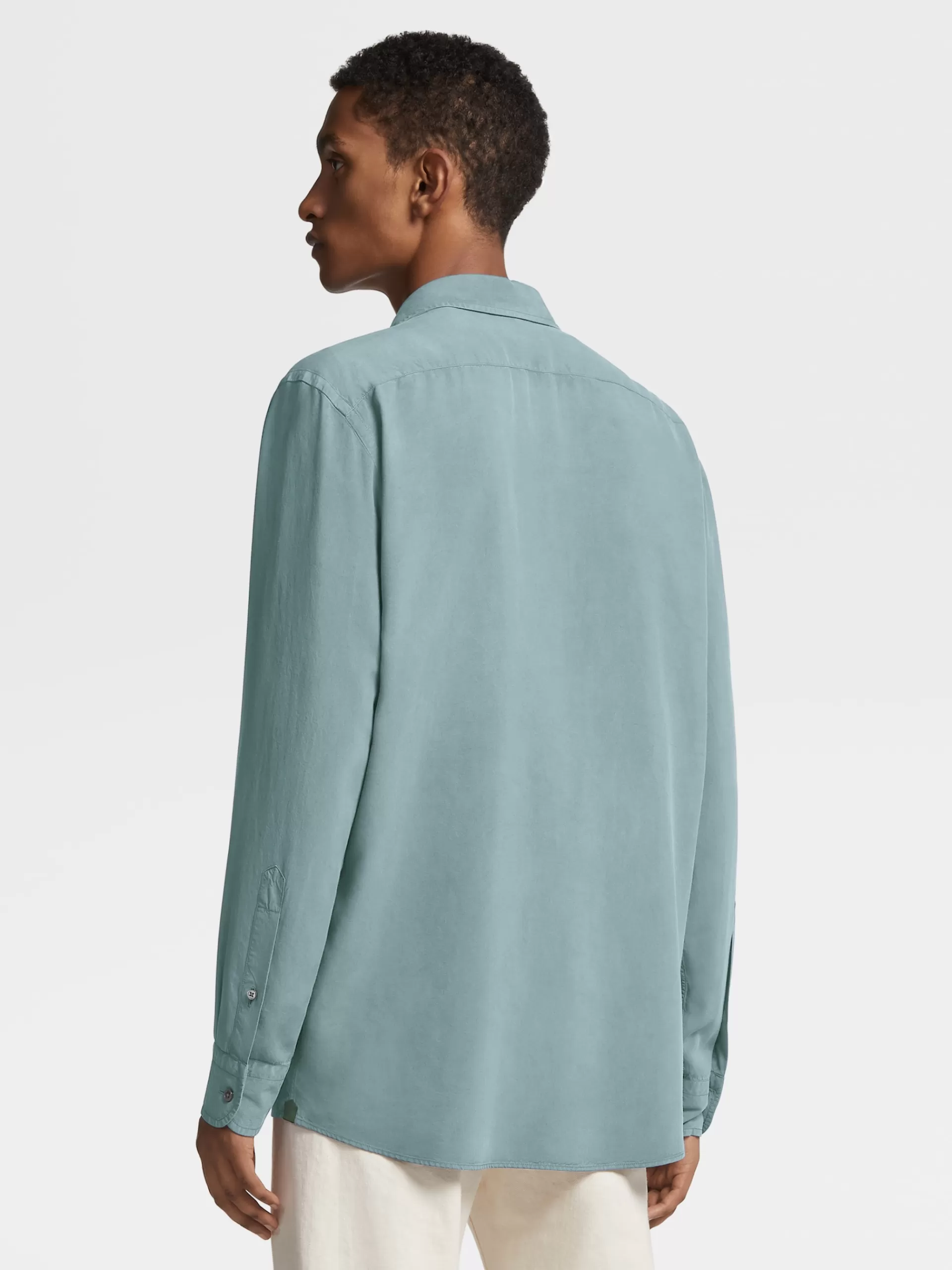 Outlet ZEGNA Chemise A Manches Longues En Soie Pure Teinte En Piece Vert D'Eau