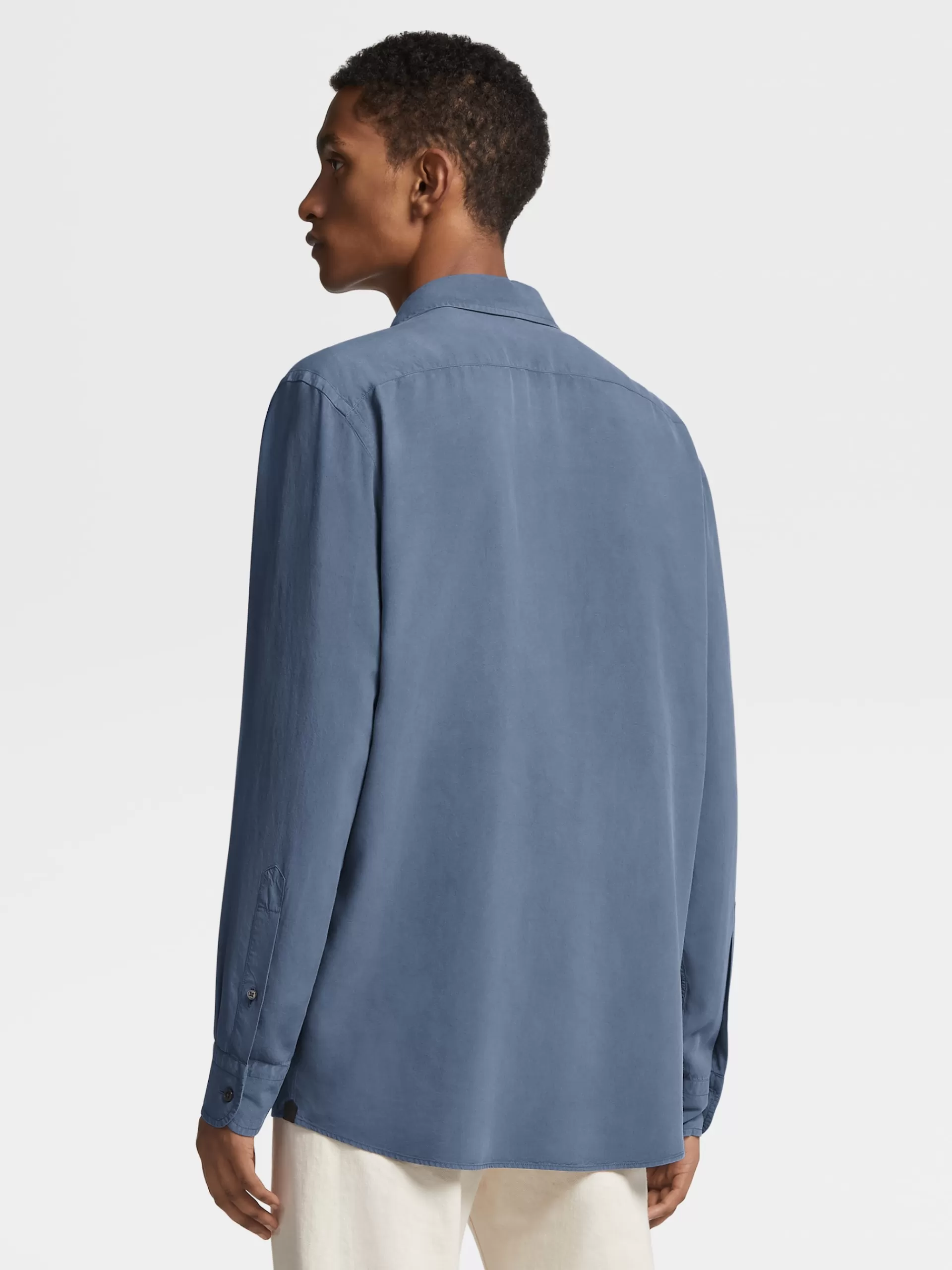 Cheap ZEGNA Chemise A Manches Longues En Soie Pure Teinte En Piece Bleu Sarcelle