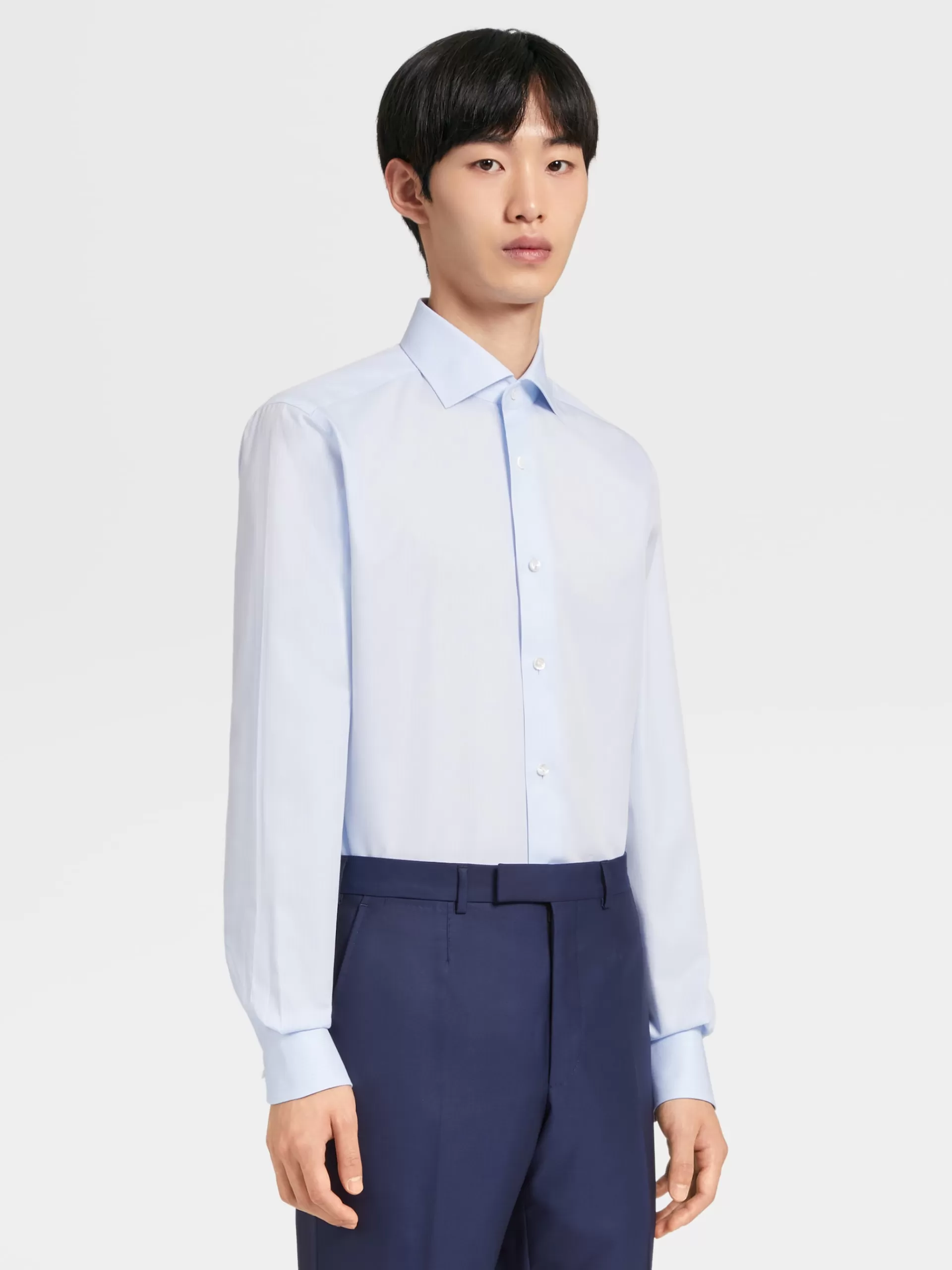 New ZEGNA Chemise Bleu Clair Et Bleu A Micro-Rayures En Serge De Coton A Manches Longues Bleu Clair/Bleu