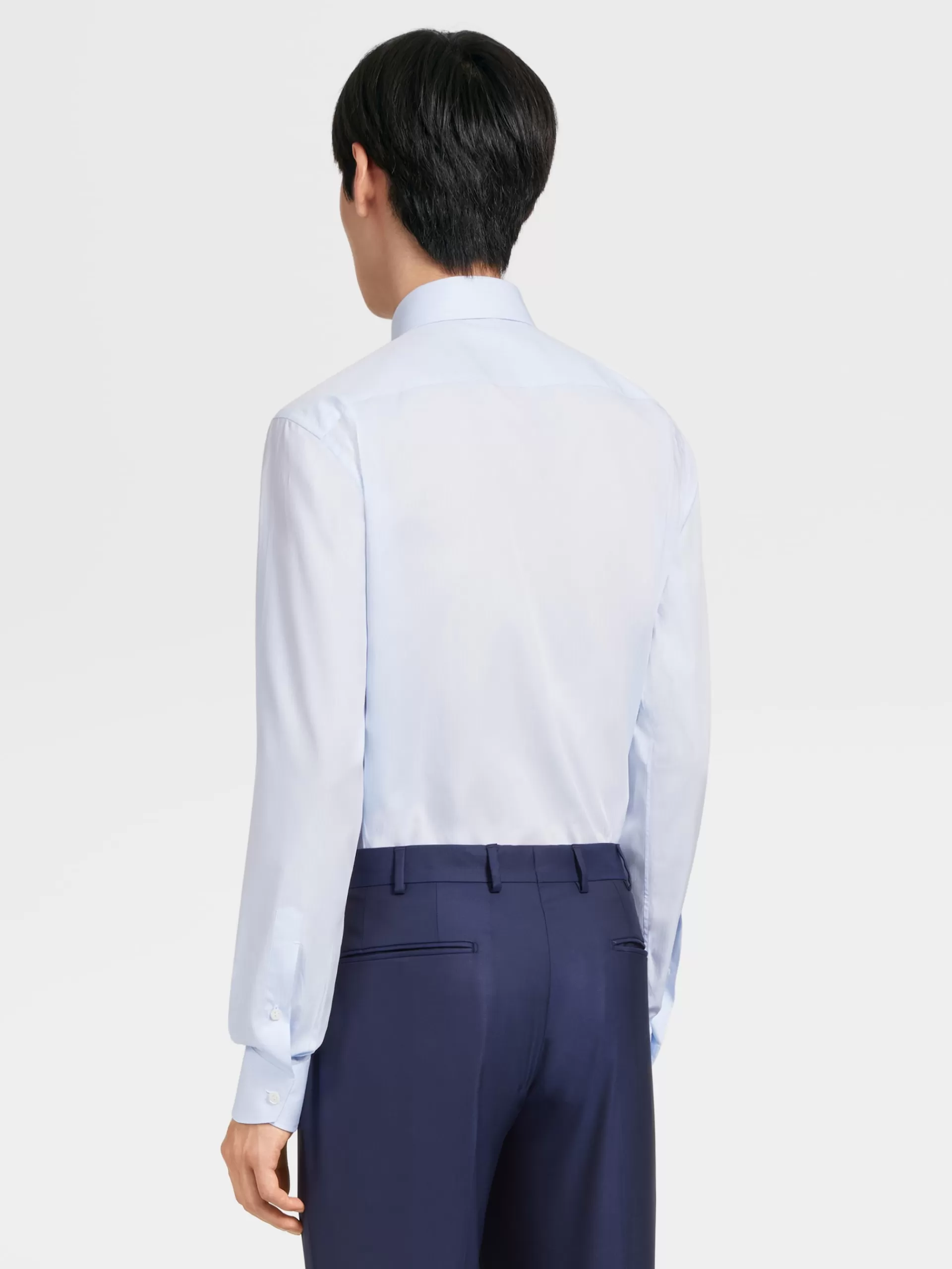 New ZEGNA Chemise Bleu Clair Et Bleu A Micro-Rayures En Serge De Coton A Manches Longues Bleu Clair/Bleu