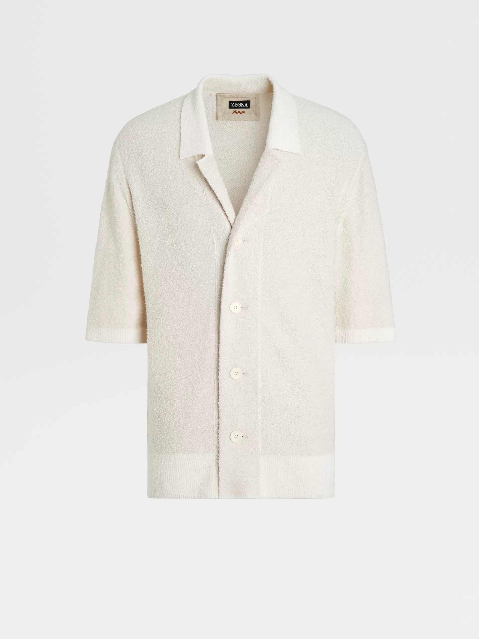 Store ZEGNA Chemise Bowling Manches Courtes En Maille De Soie Et Cachemire Blanc Casse