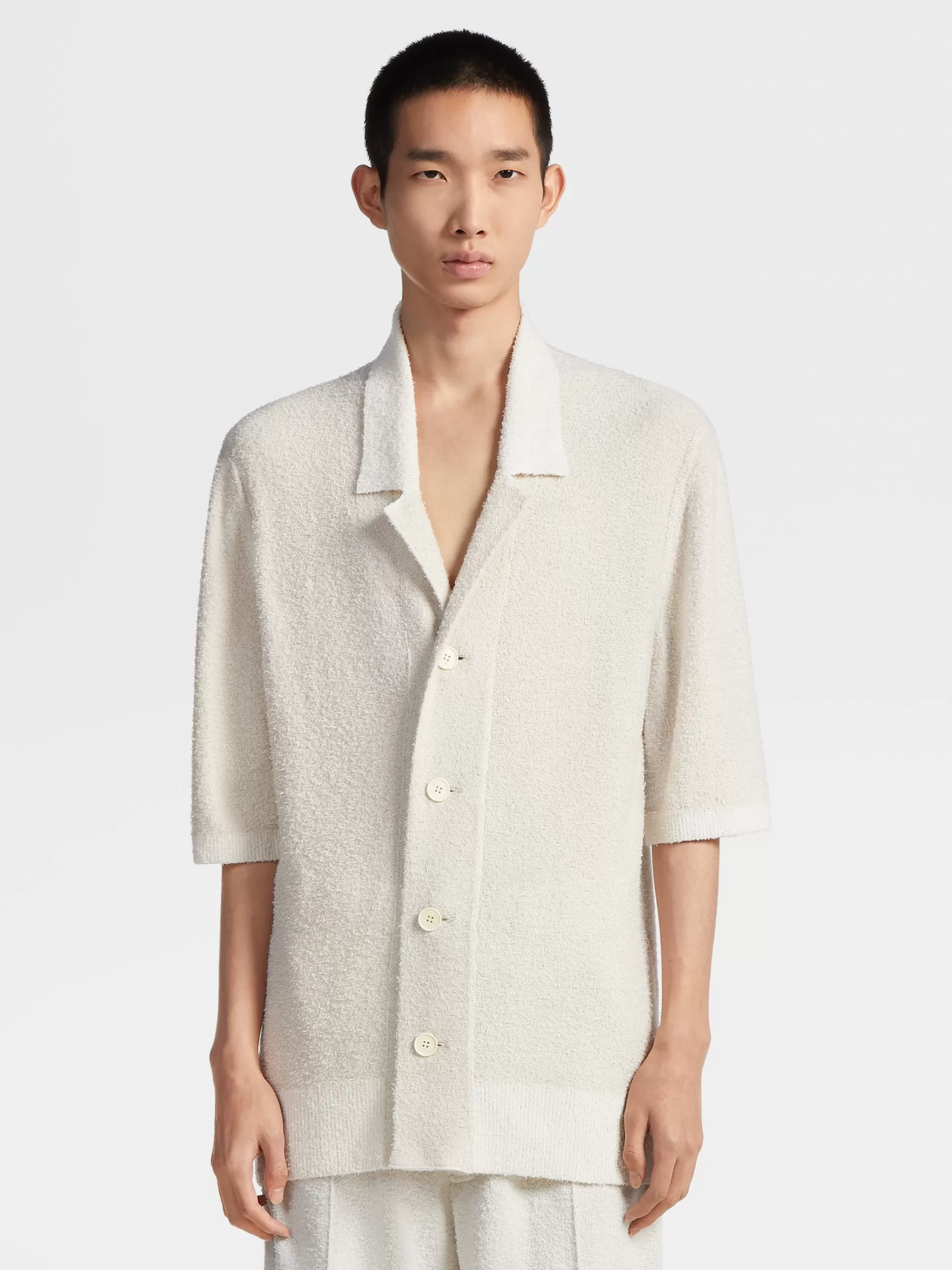 Store ZEGNA Chemise Bowling Manches Courtes En Maille De Soie Et Cachemire Blanc Casse