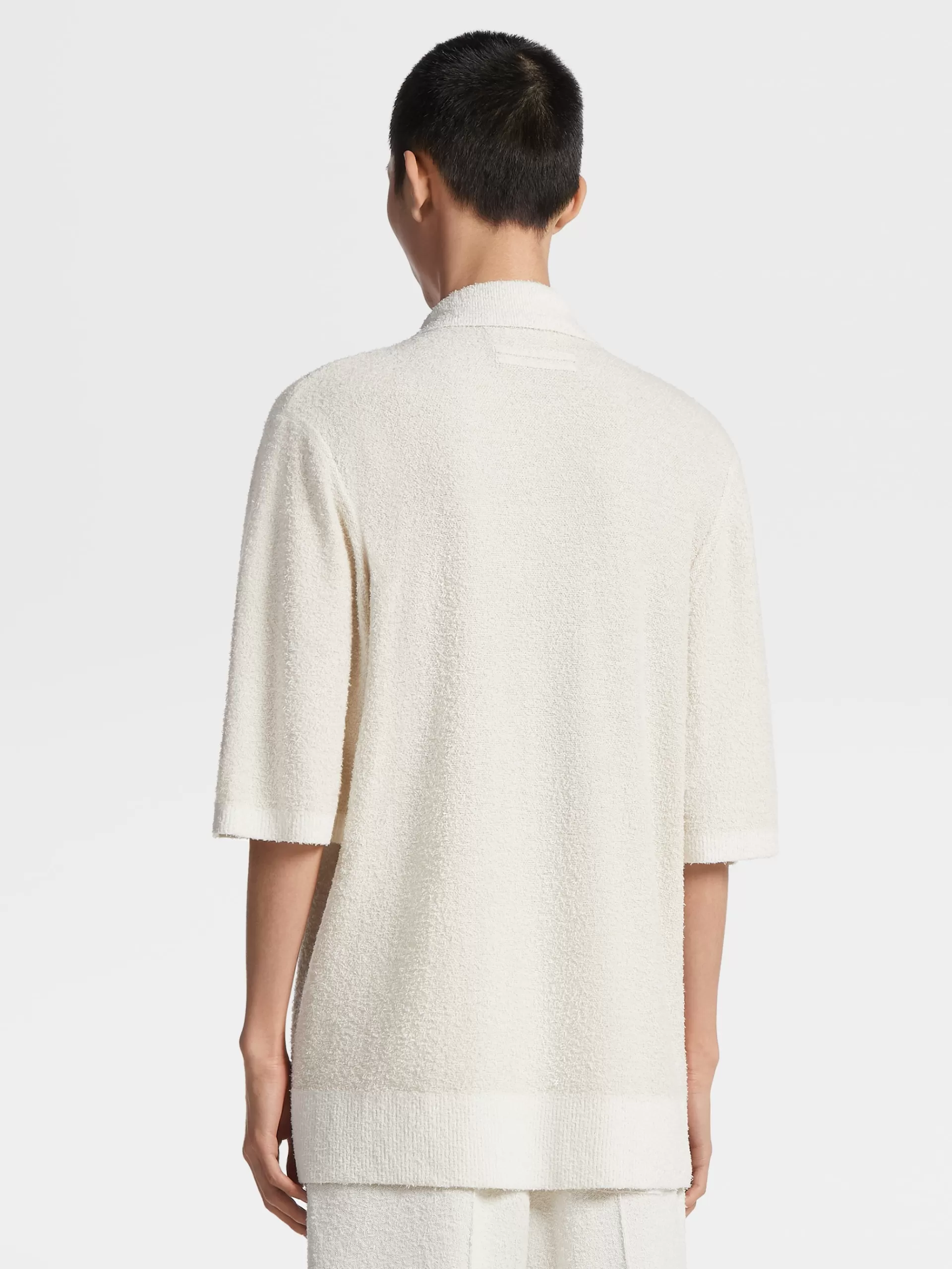 Sale ZEGNA Chemise Bowling Manches Courtes En Maille De Soie Et Cachemire Blanc Casse