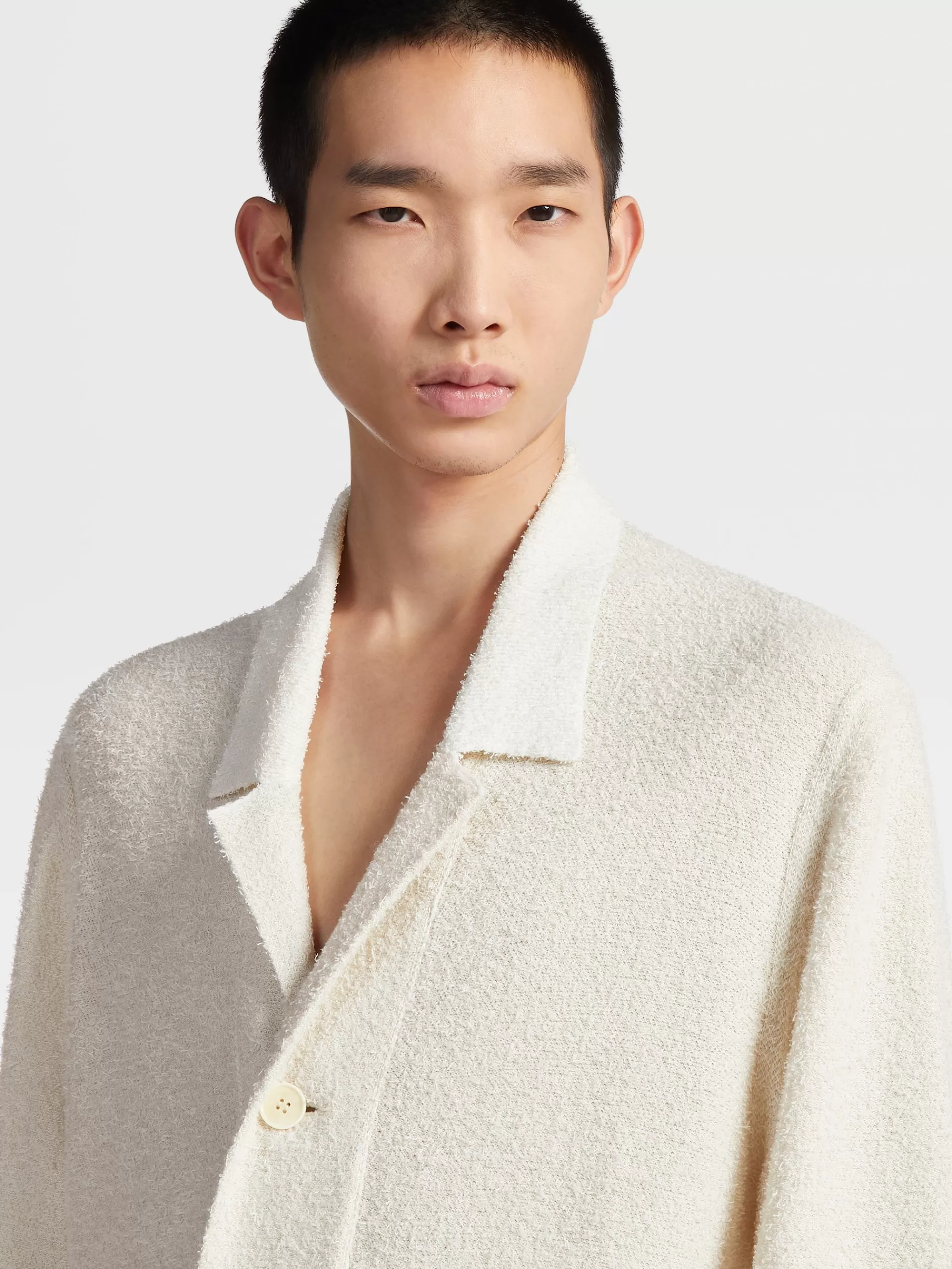 Sale ZEGNA Chemise Bowling Manches Courtes En Maille De Soie Et Cachemire Blanc Casse