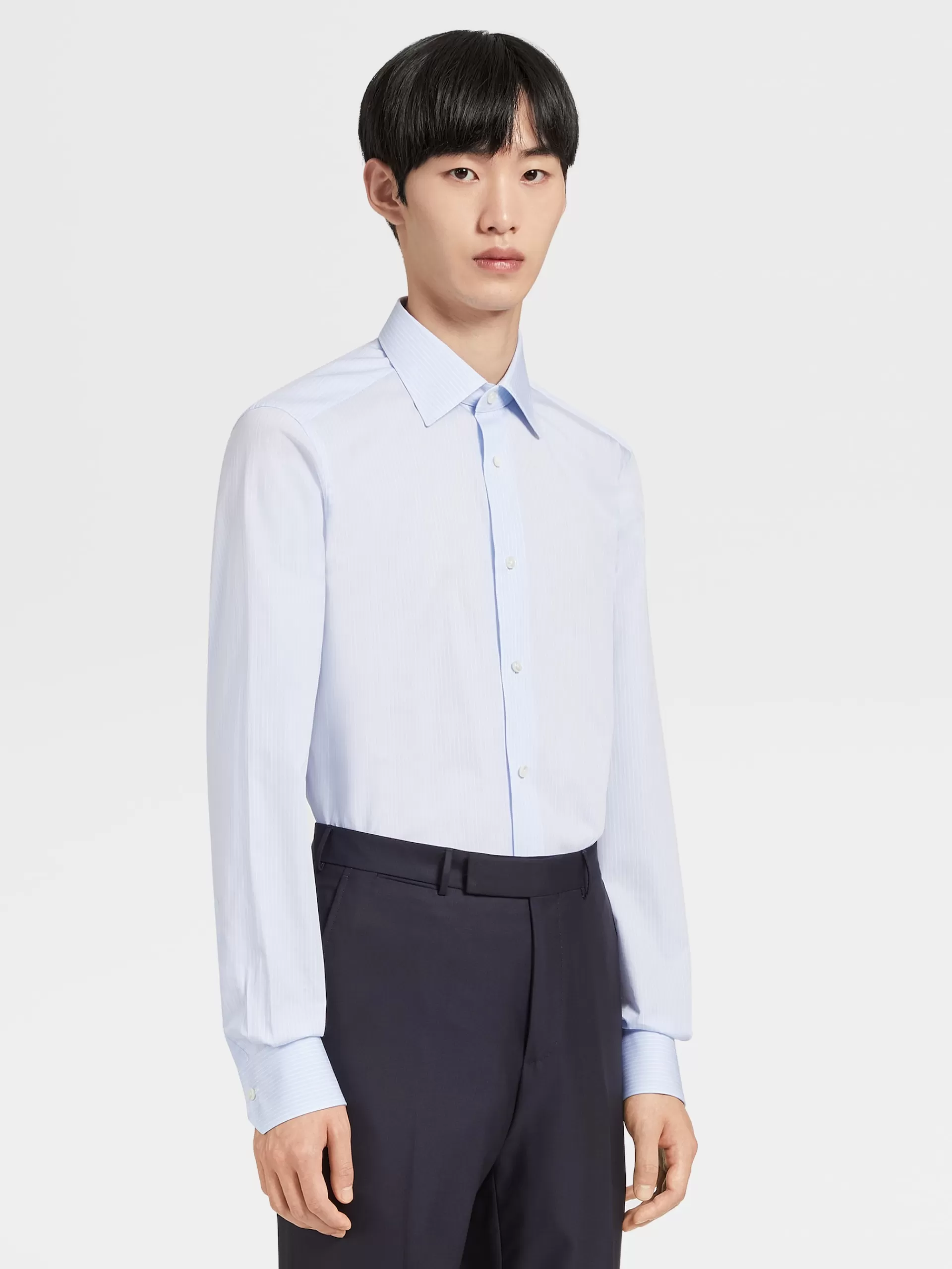 Clearance ZEGNA Chemise Habillee Blanc Et Bleu Clair A Micro-Rayures En Coton 100Fili A Manches Longues Blanc/Bleu Clair