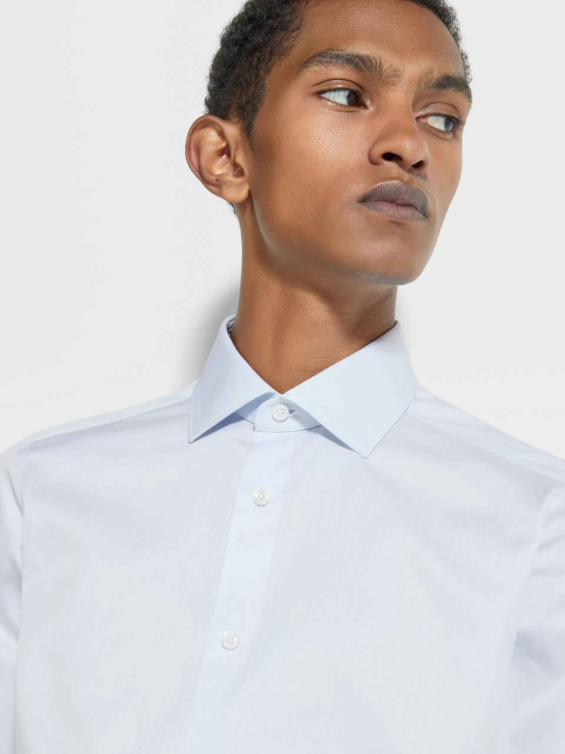 Fashion ZEGNA Chemise Habillee Blanc Et Bleu Clair Et Micro-Rayures En Coton Trecapi A Manches Longues Blanc/Bleu Clair