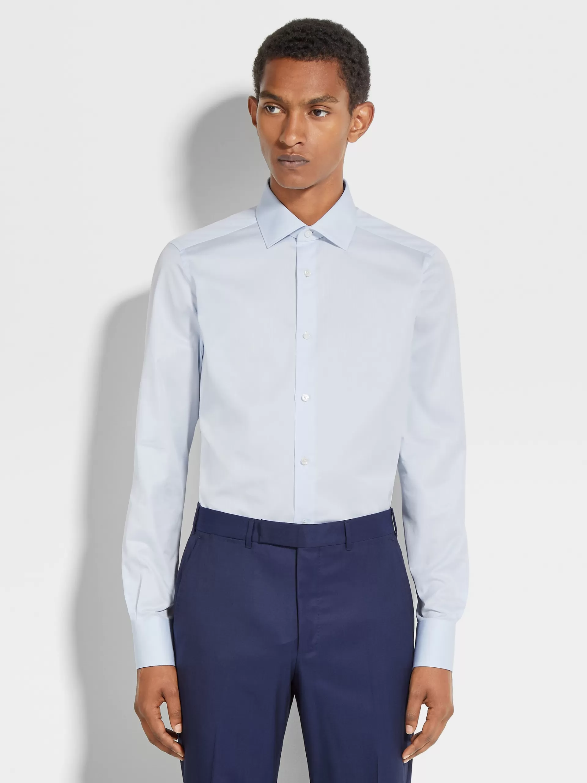 Fashion ZEGNA Chemise Habillee Blanc Et Bleu Clair Et Micro-Rayures En Coton Trecapi A Manches Longues Blanc/Bleu Clair