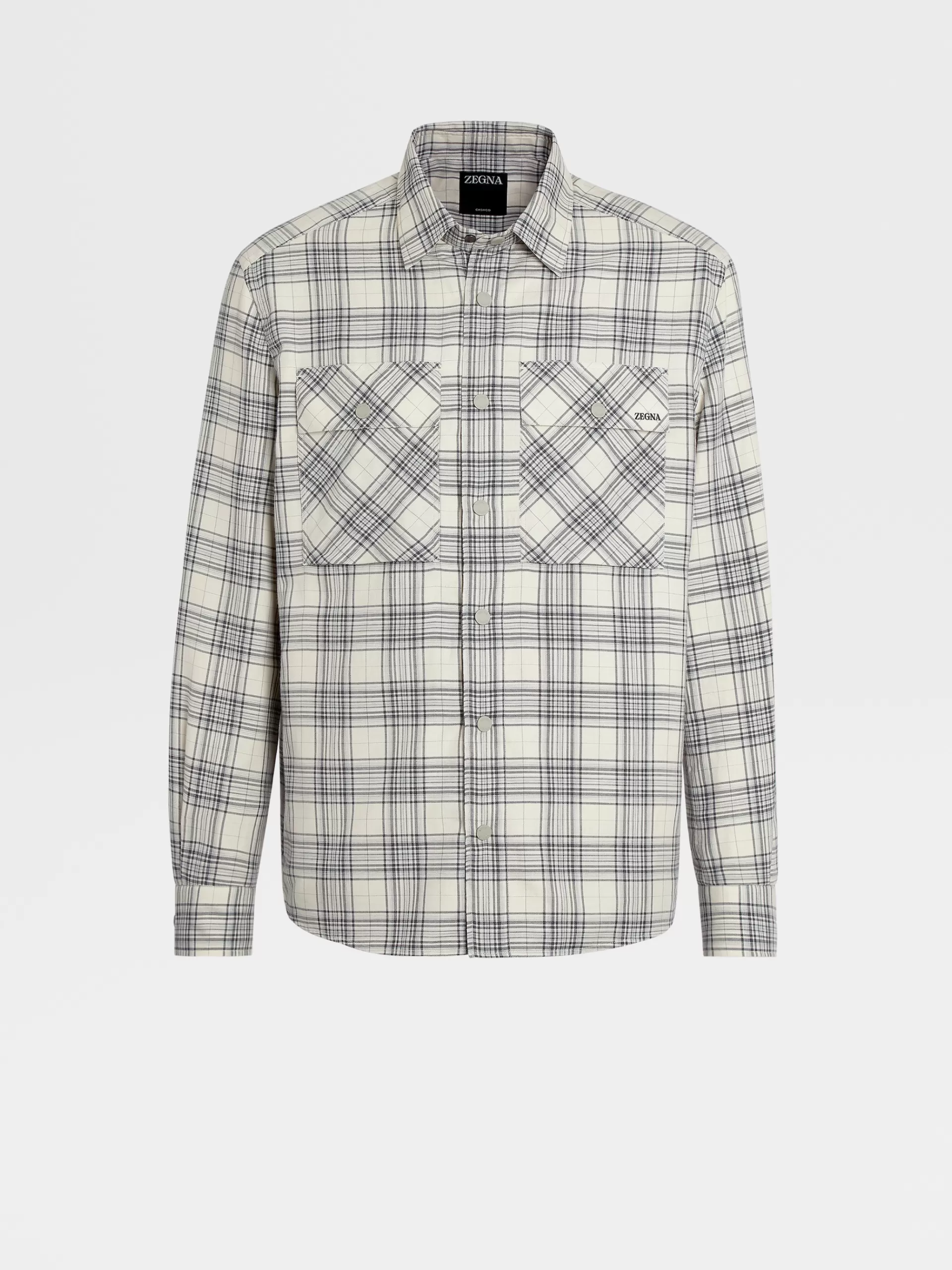 Sale ZEGNA Chemise Manches Longues Blanc Casse Et Noir A Damier En Cashco Blanc Casse/Noir