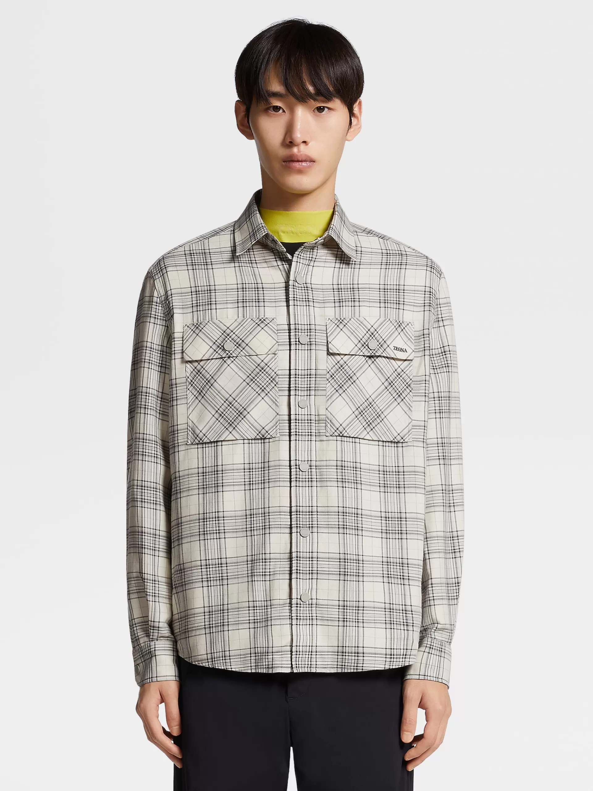 Fashion ZEGNA Chemise Manches Longues Blanc Casse Et Noir A Damier En Cashco Blanc Casse/Noir