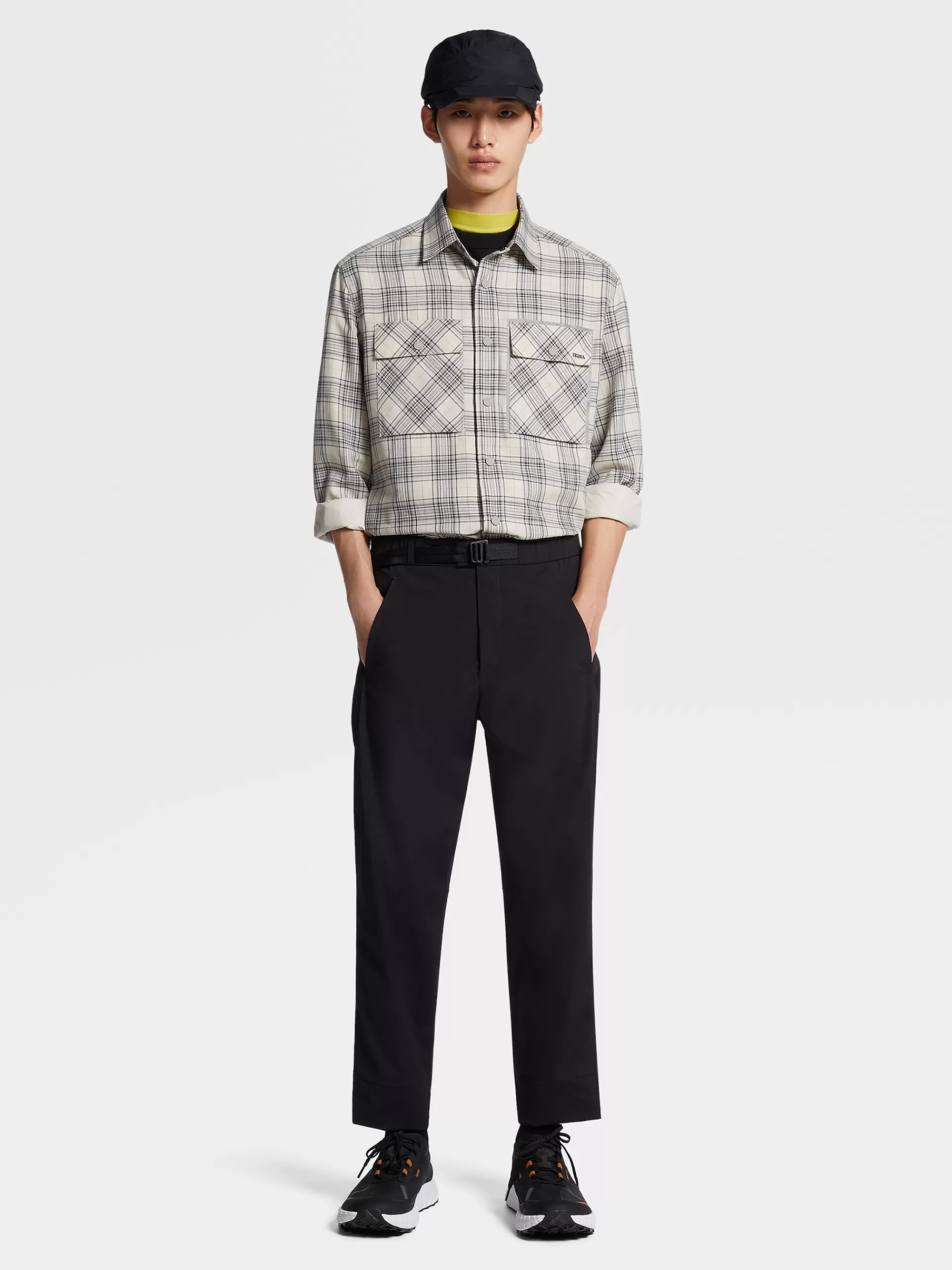 Fashion ZEGNA Chemise Manches Longues Blanc Casse Et Noir A Damier En Cashco Blanc Casse/Noir