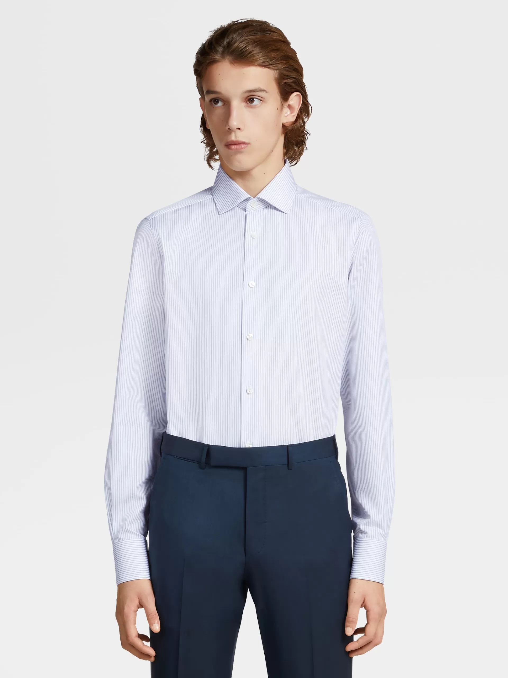 Outlet ZEGNA Chemise Manches Longues Bleu Marine A Micro-Rayures En Coton Trecapi Bleu Marine/Bleu Clair/ Blanc