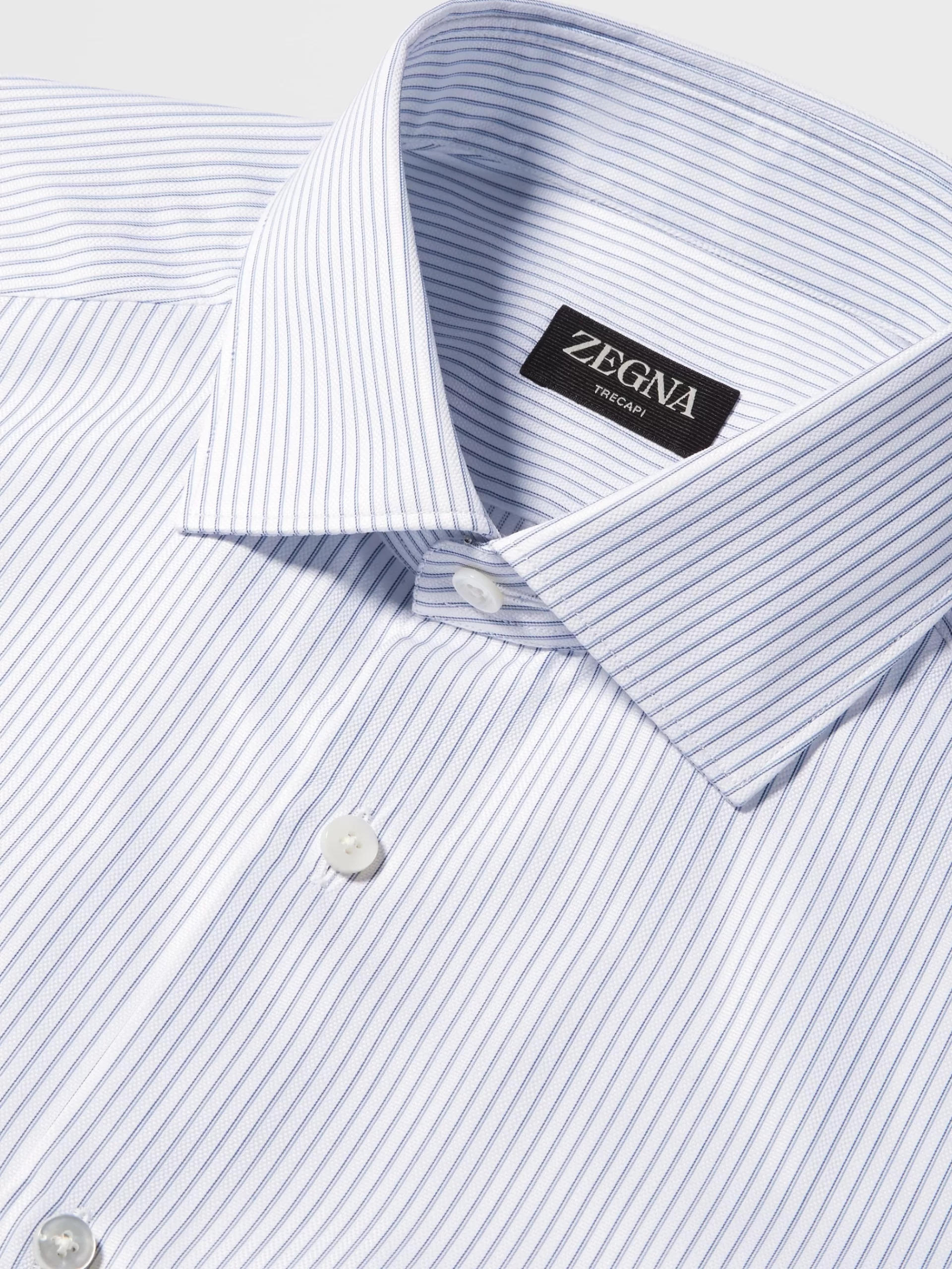 Outlet ZEGNA Chemise Manches Longues Bleu Marine A Micro-Rayures En Coton Trecapi Bleu Marine/Bleu Clair/ Blanc
