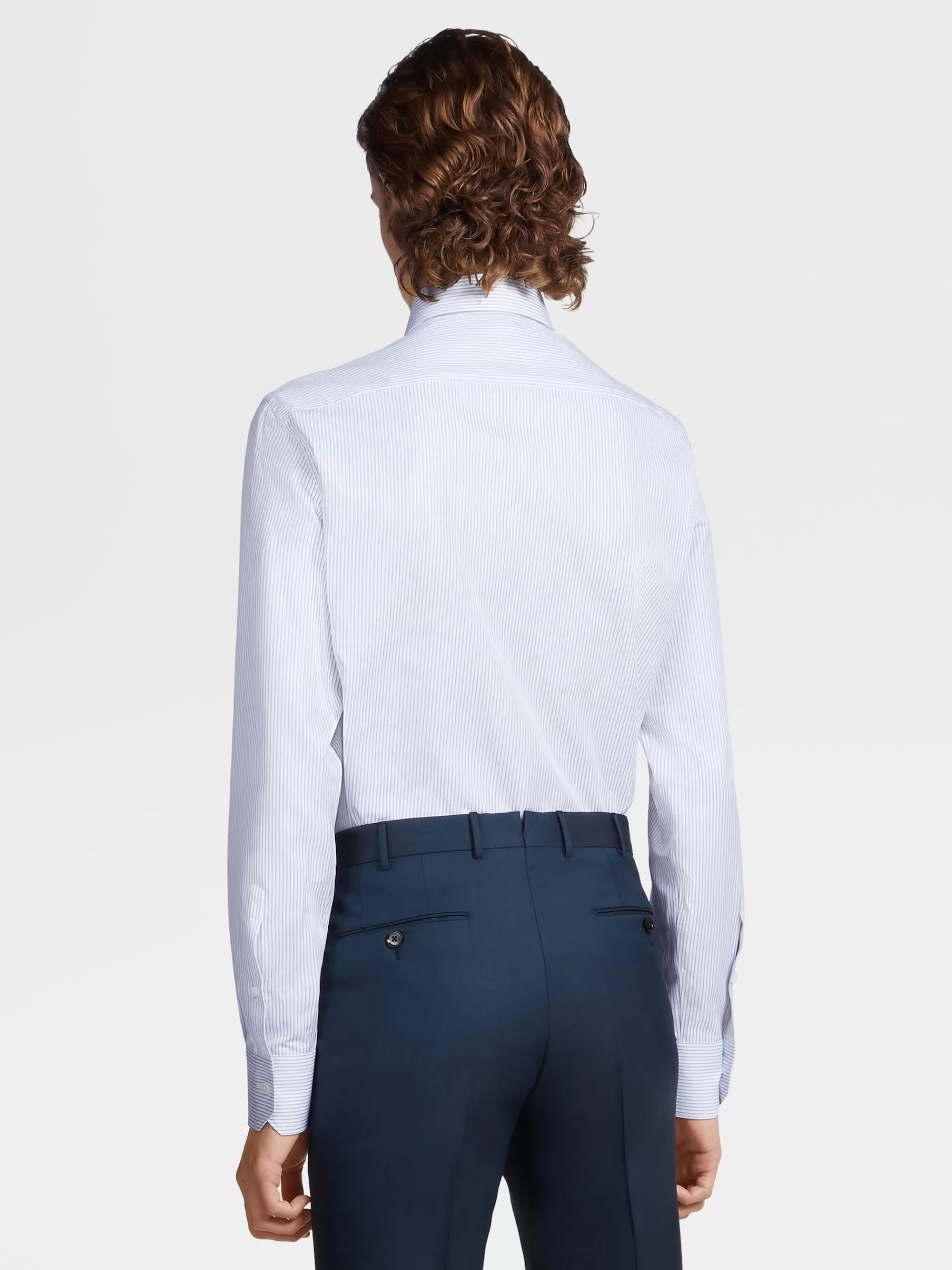 Outlet ZEGNA Chemise Manches Longues Bleu Marine A Micro-Rayures En Coton Trecapi Bleu Marine/Bleu Clair/ Blanc