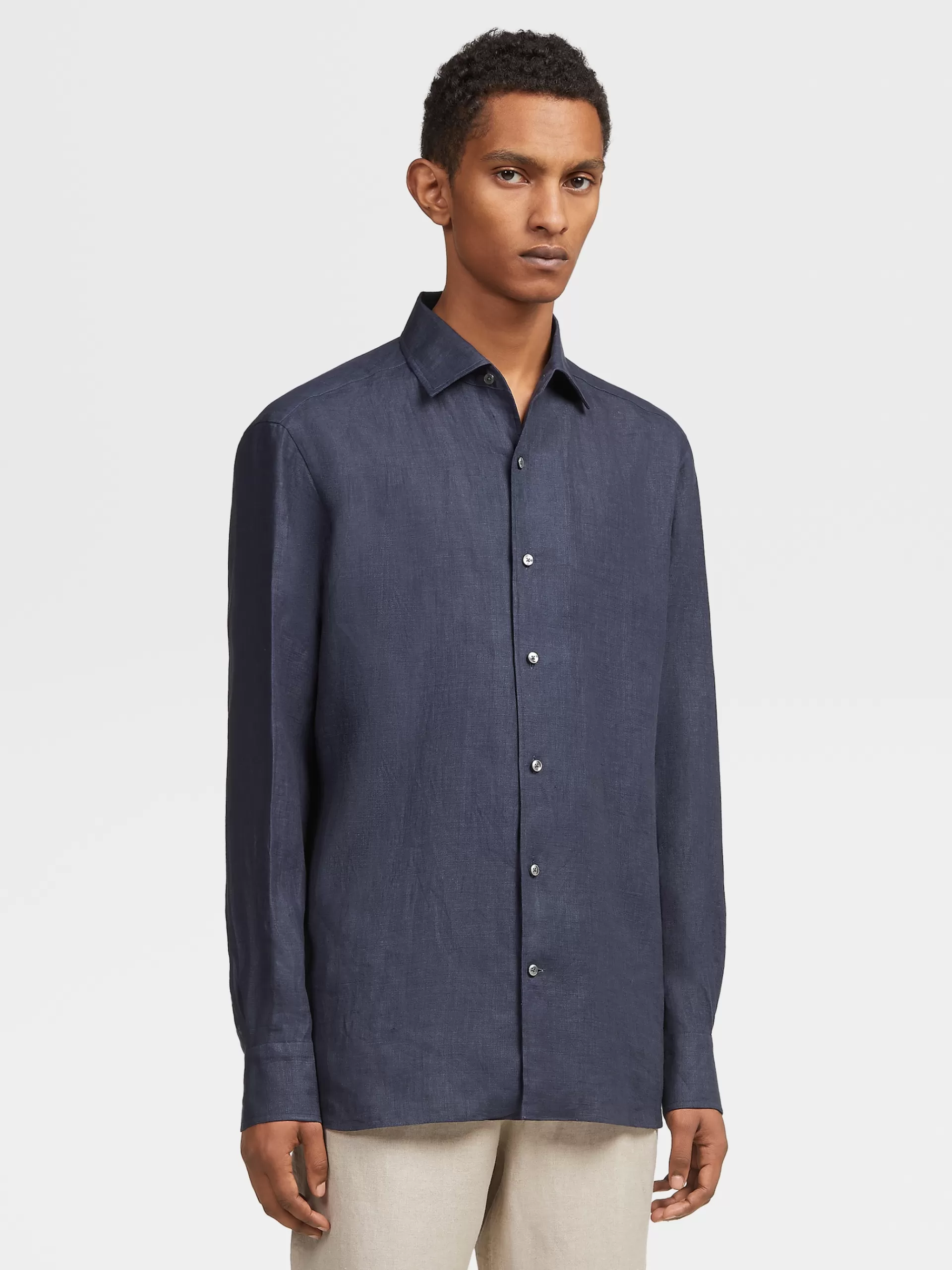 Sale ZEGNA Chemise Manches Longues En Lin Pur Bleu Marine