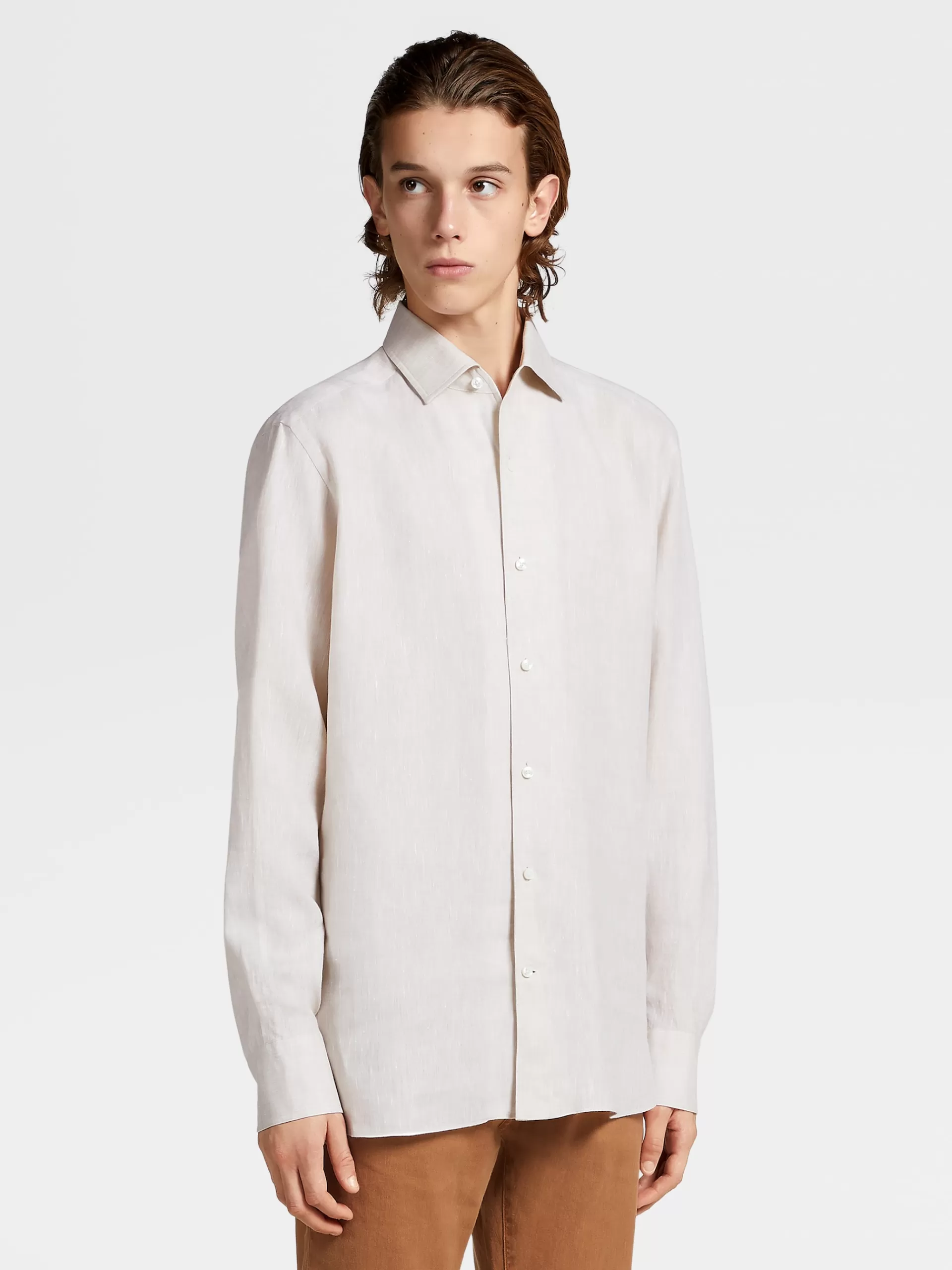 Store ZEGNA Chemise Manches Longues En Lin Pur Blanc Casse