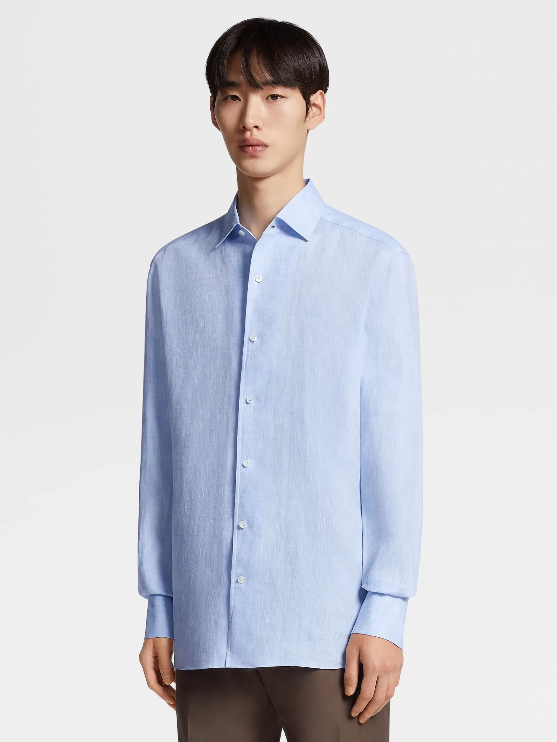 Online ZEGNA Chemise Manches Longues En Lin Pur Bleu Clair