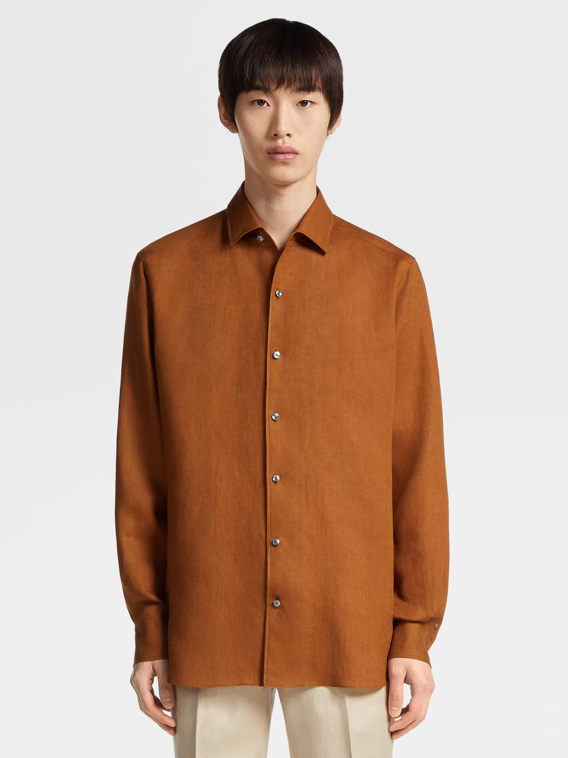 Shop ZEGNA Chemise Manches Longues En Lin Pur Marron Vigogne