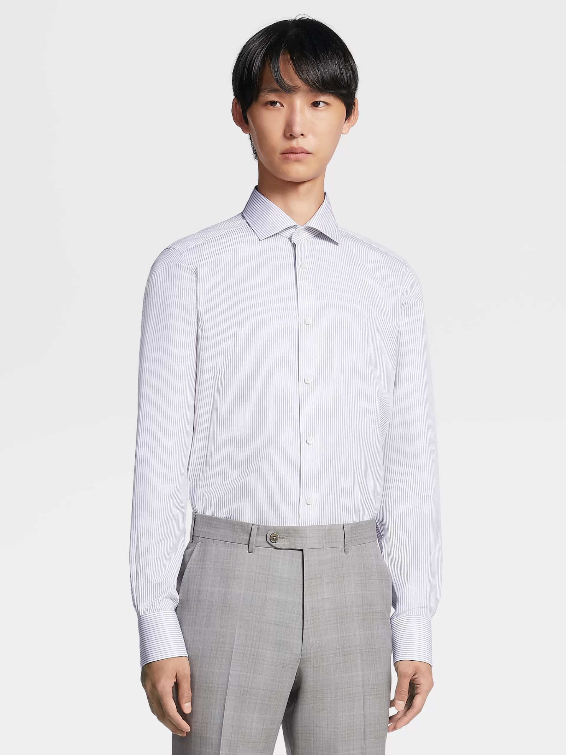 Cheap ZEGNA Chemise Manches Longues Gris Fonce A Micro-Rayures En Coton Trecapi Gris Fonce/Blanc