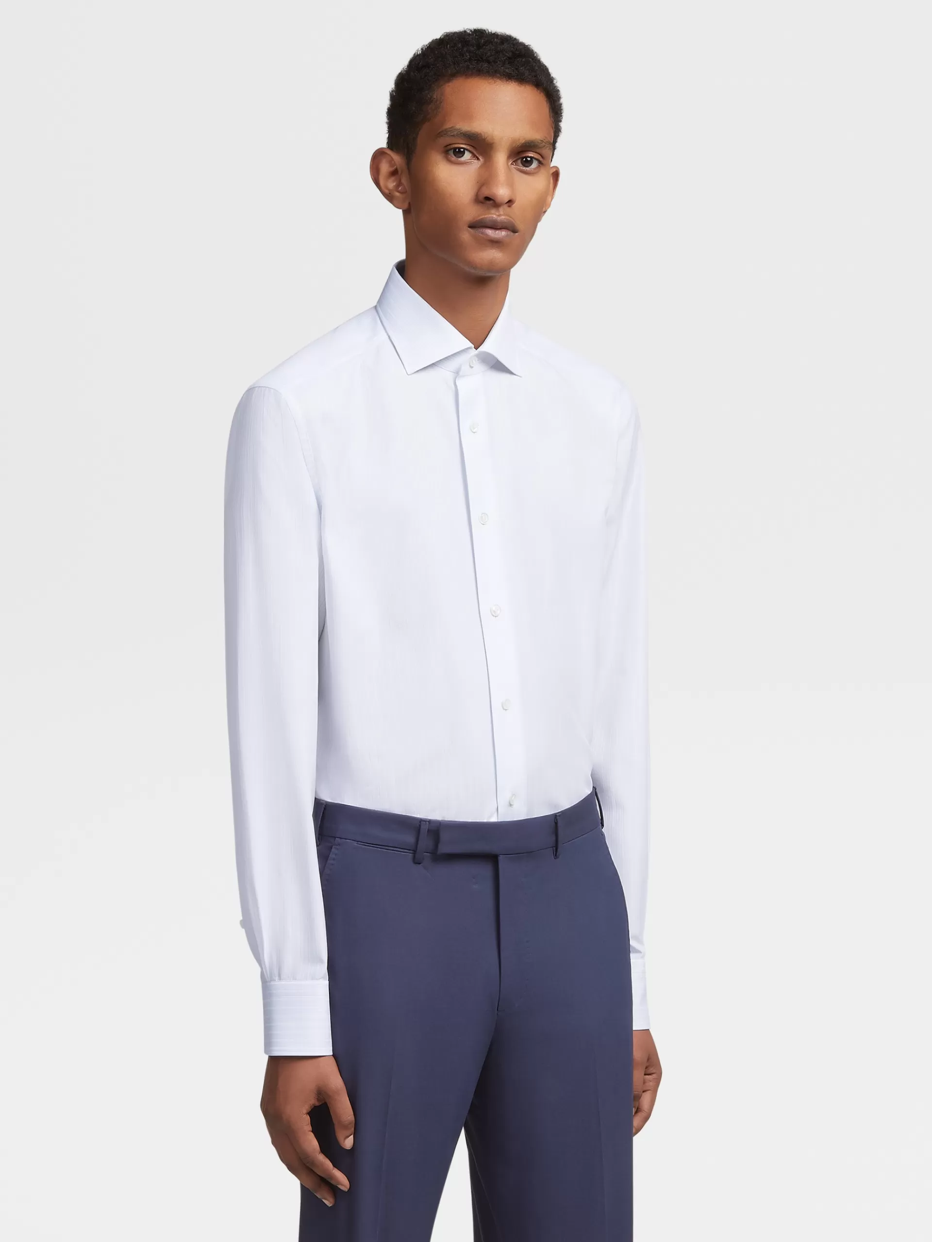 Sale ZEGNA Chemise Manches Longues Habillee Bleu Clair A Rayures En Coton Blanc/Bleu Clair