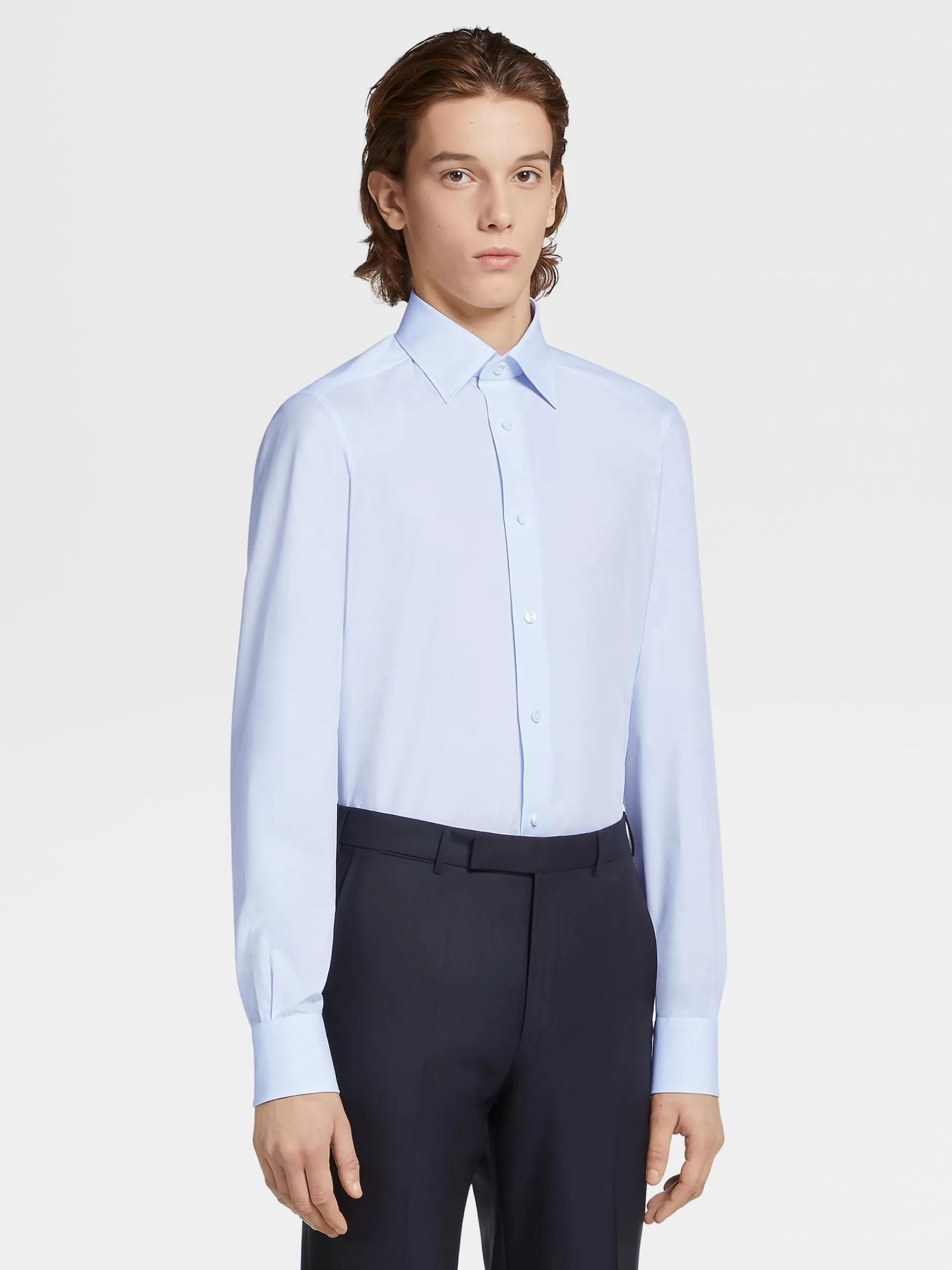 Hot ZEGNA Chemise Manches Longues Habillee Bleu Clair Et Blanc A Micro-Carreaux En Coton100Fili Bleu Clair/Blanc