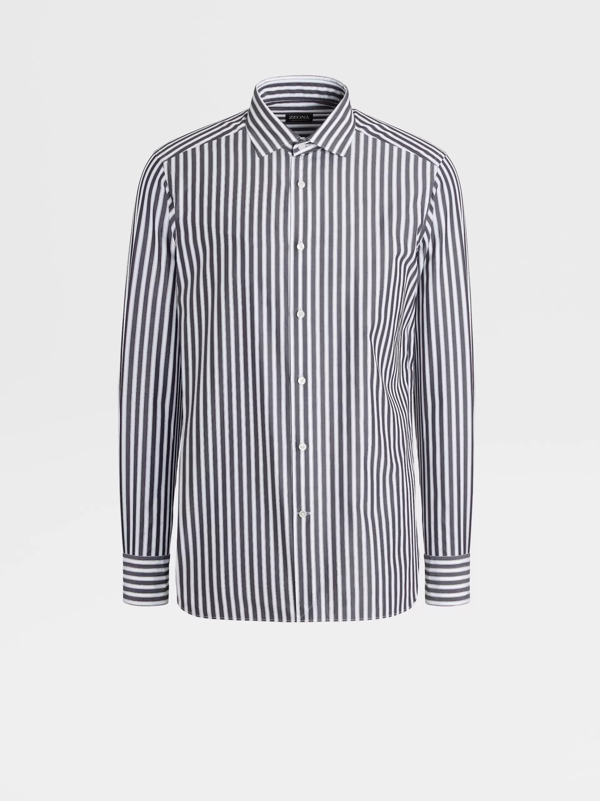 Cheap ZEGNA Chemise Manches Longues Habillee Bleu Gris Fonce A Rayures Larges En Coton Trofeo™ Comfort Gris Fonce/Blanc