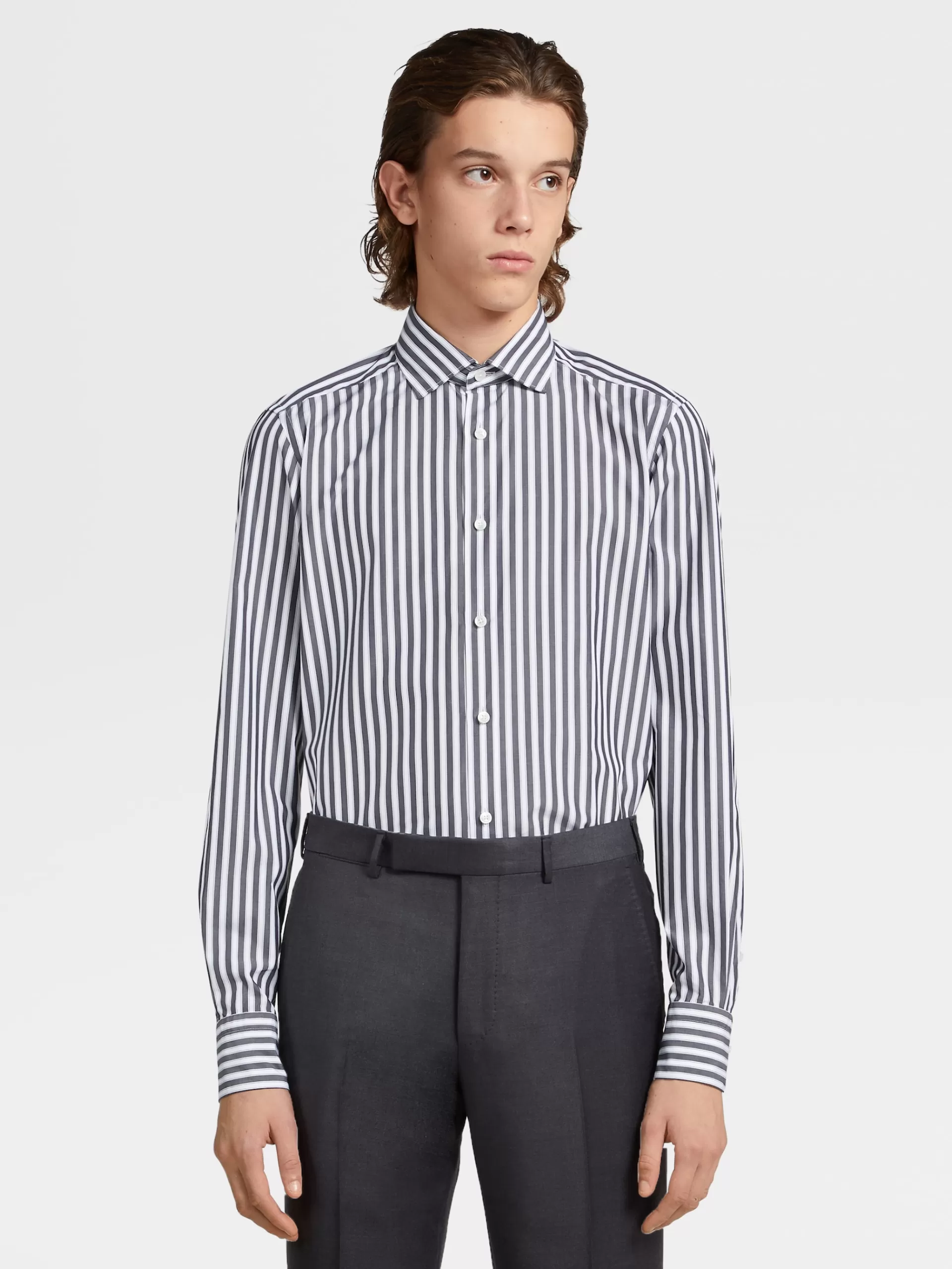 Cheap ZEGNA Chemise Manches Longues Habillee Bleu Gris Fonce A Rayures Larges En Coton Trofeo™ Comfort Gris Fonce/Blanc